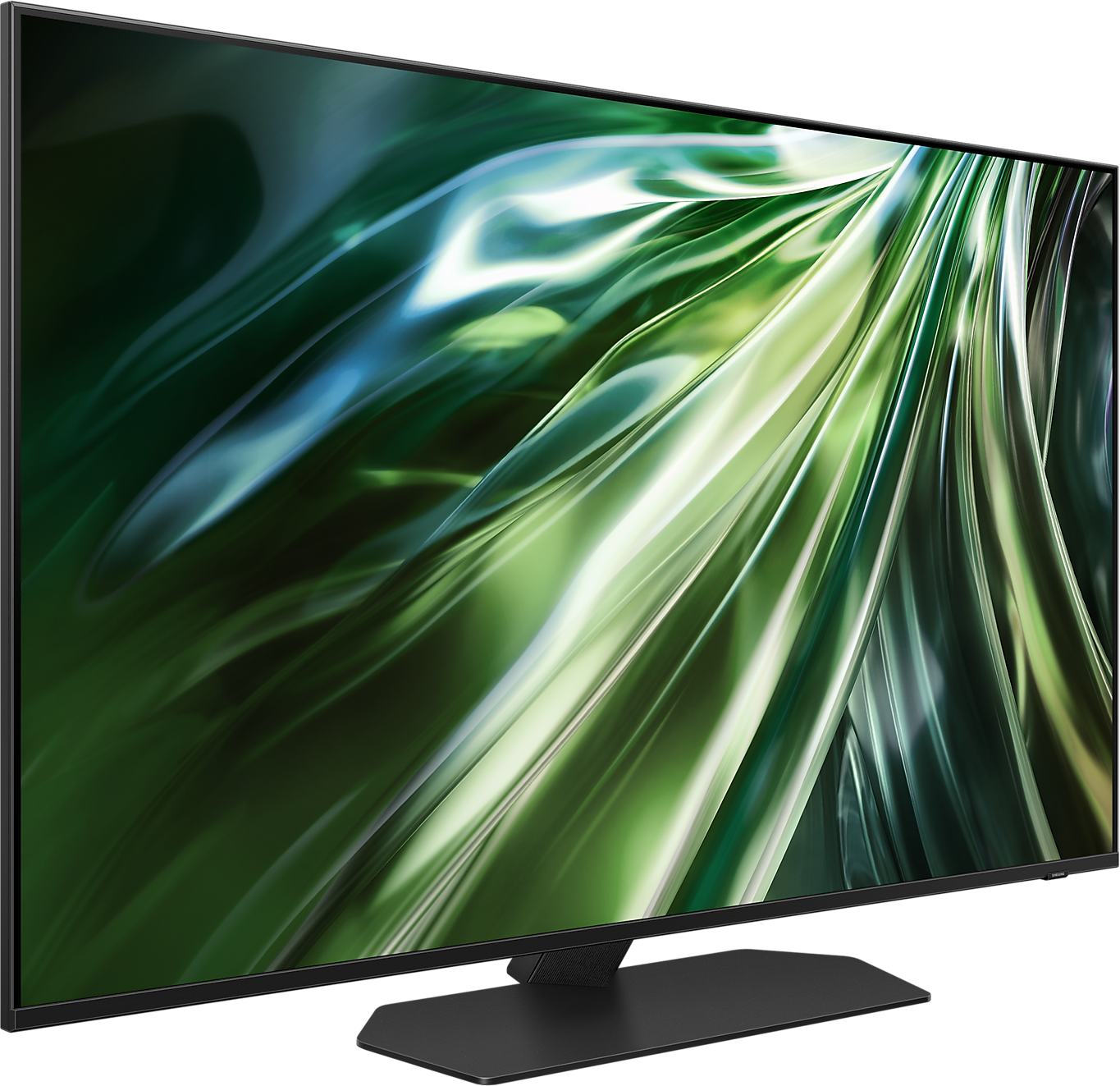 A TV képernyője zöld és fehér absztrakt mintát jelenít meg. Ferde helyzetben van egy fekete állványon.