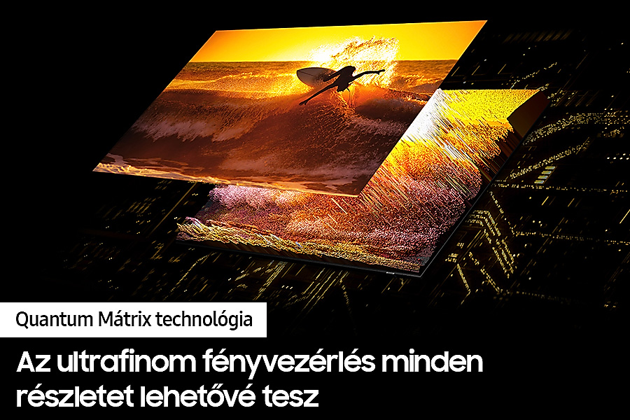 Egy szörfözős jelenet egy TV képernyőjén, Quantum Matrix technológiáról szóló szöveggel.