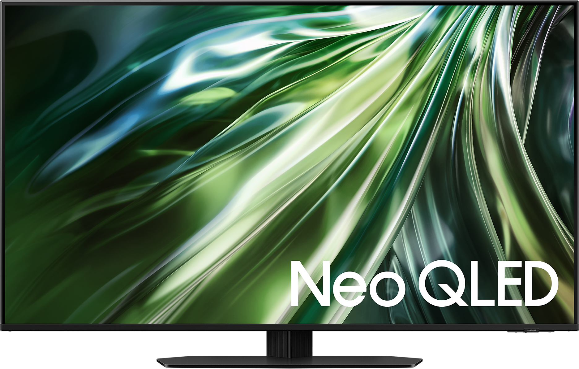 Nagy Neo QLED TV képernyő. Zöld és fehér absztrakt dizájn fekete kereten.
