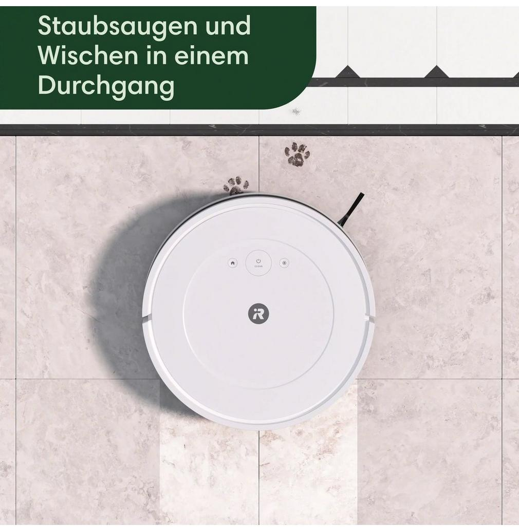 Ein weißer Roboterstaubsauger reinigt einen hellen Fliesenboden. Text: 'Saugen und Wischen in einem Durchgang'.