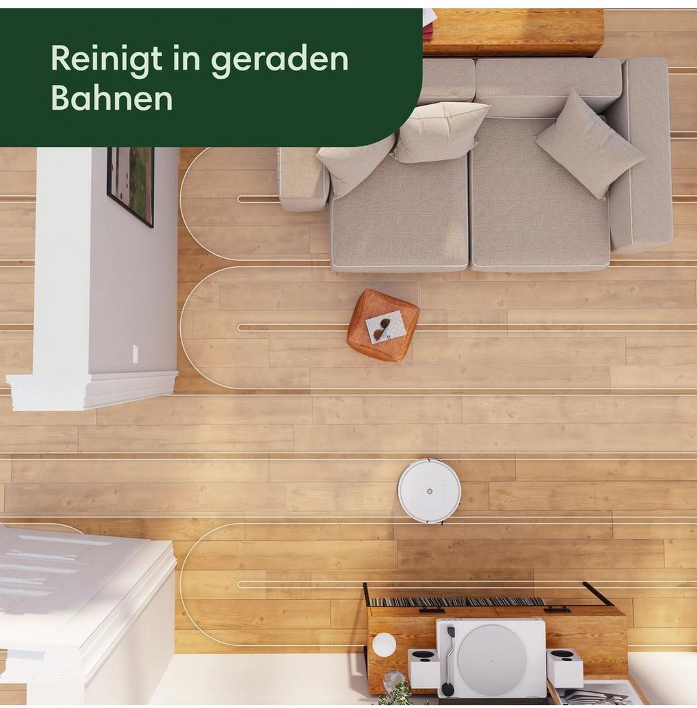 Draufsicht zeigt einen Roboterstaubsauger beim Reinigen. Er folgt einem Pfad. Möbel umgeben ihn auf Holzböden.