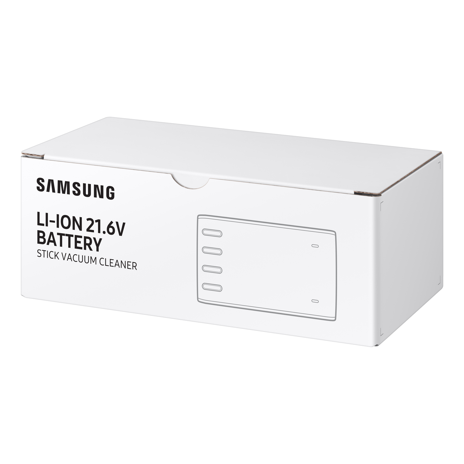 A white box with 'SAMSUNG' and 'Li-ION 21.6V BATTERY' is shown. It's for a stick vacuum cleaner.