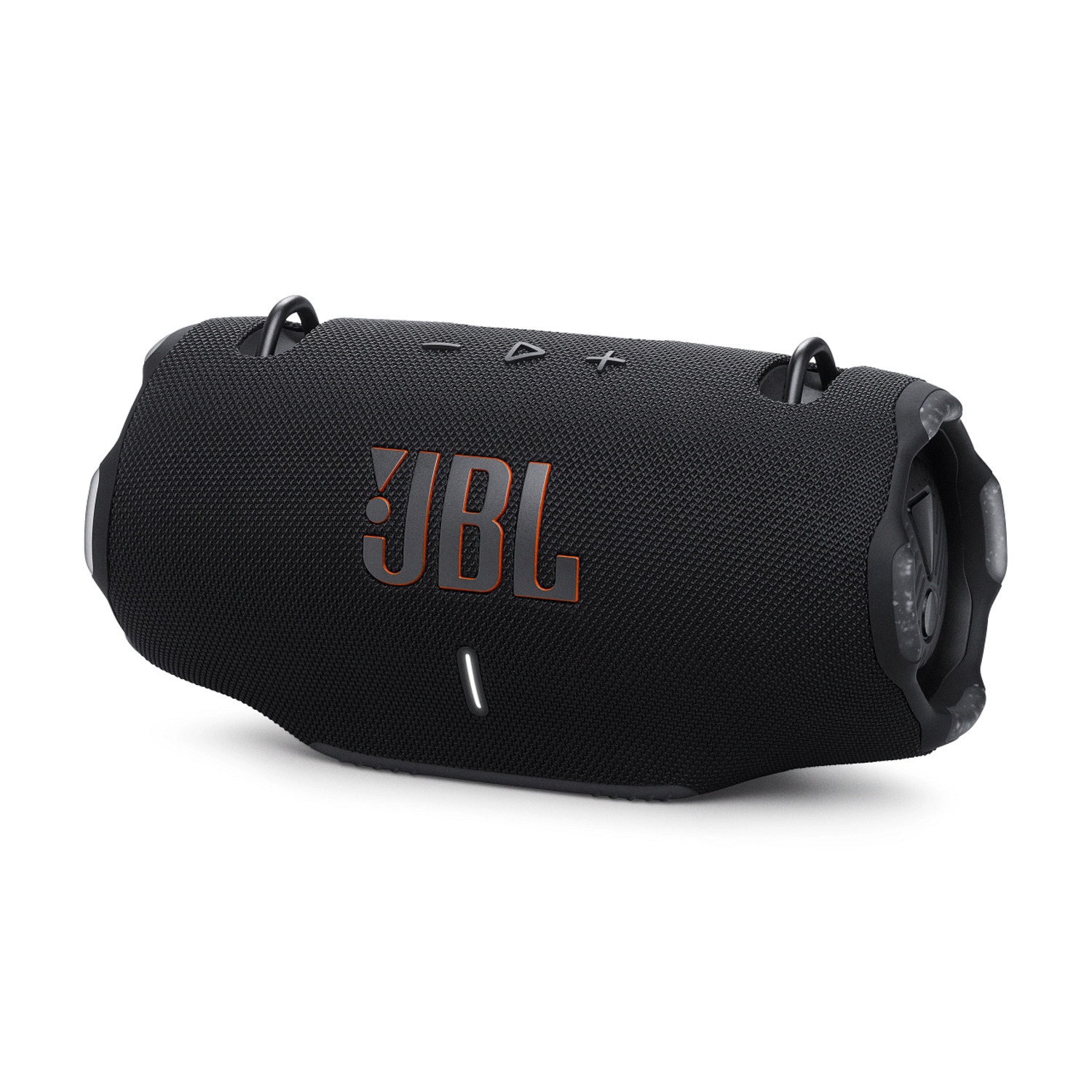 A black JBL speaker is angled. The logo and buttons are visible.