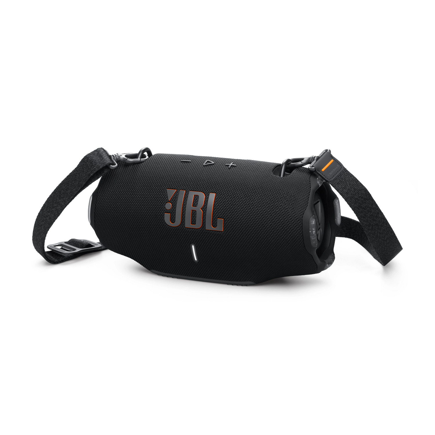A black JBL speaker with a strap, sitting on a white background. The JBL logo is visible.