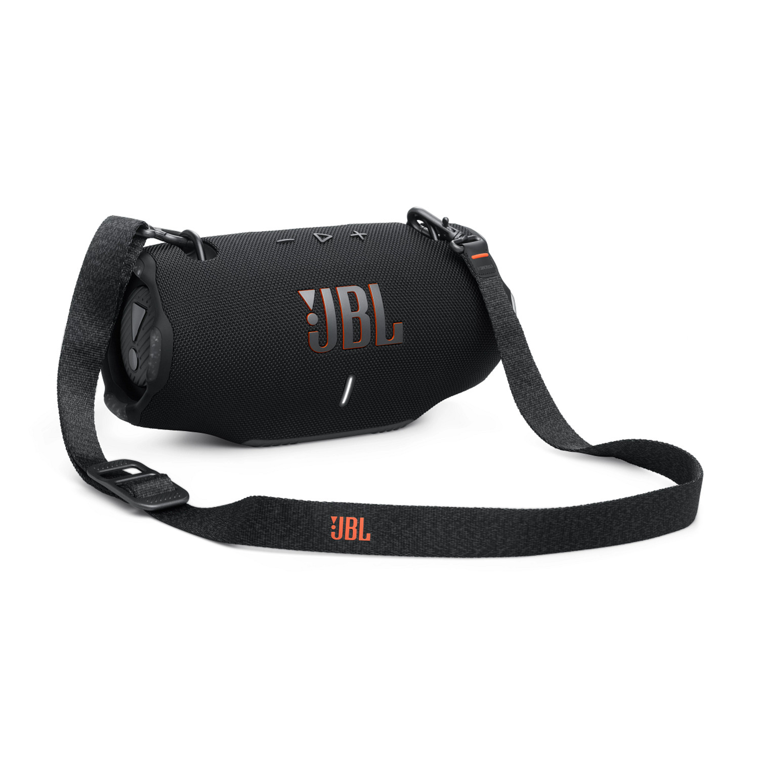 Black JBL speaker with a black strap. JBL logo on the side. White background.