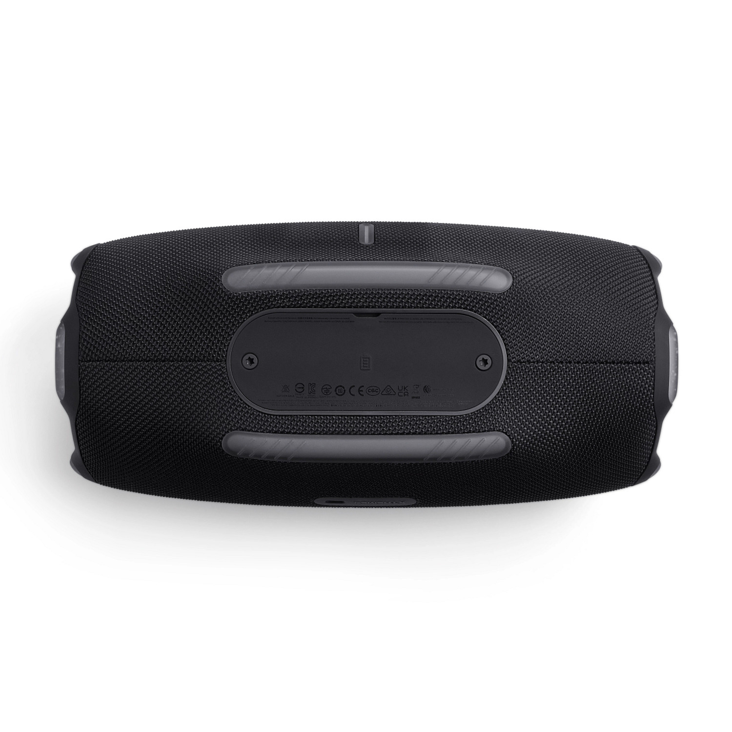 Black, rectangular speaker seen from above, with a textured surface and several control panels.
