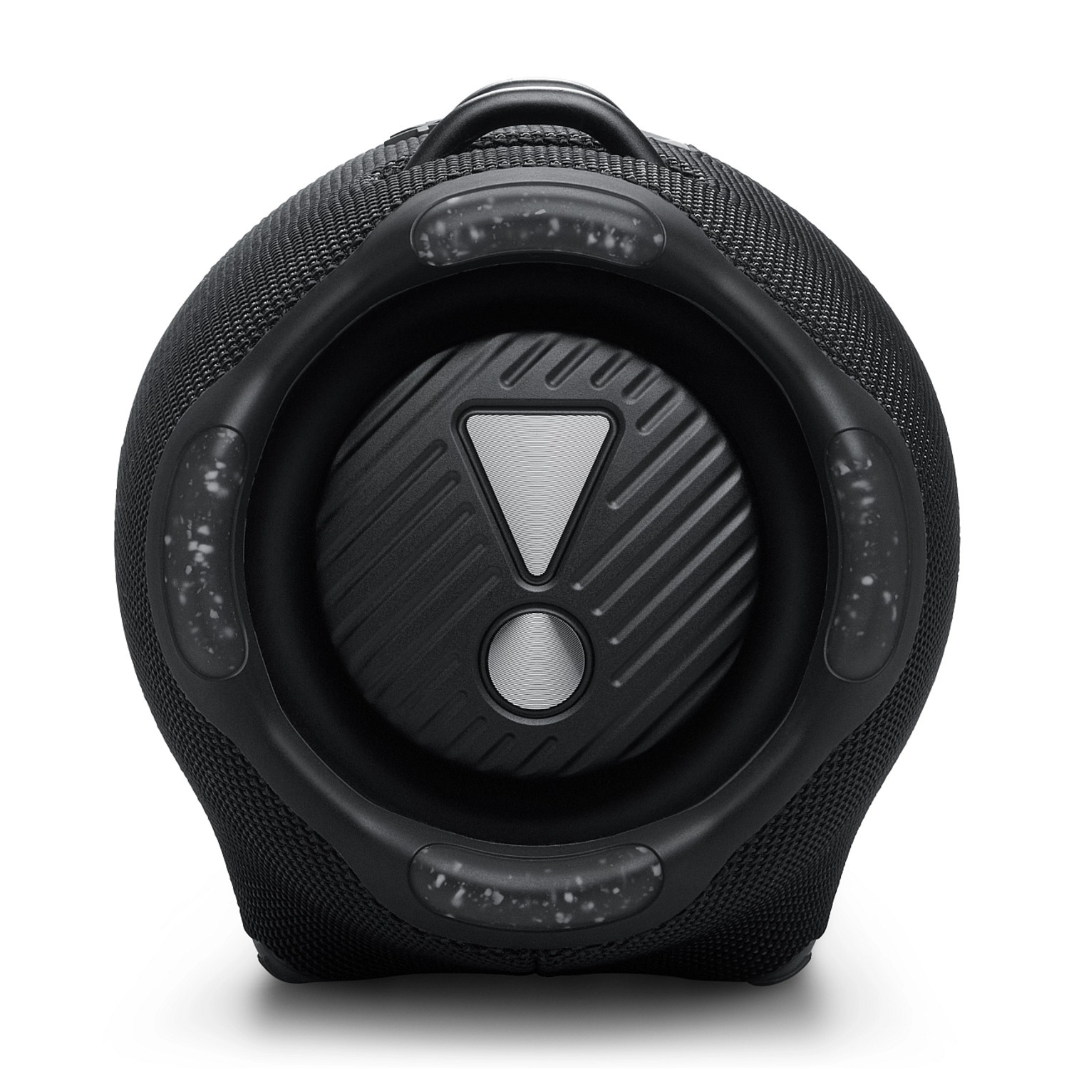 A black JBL speaker with a unique design and a white background.