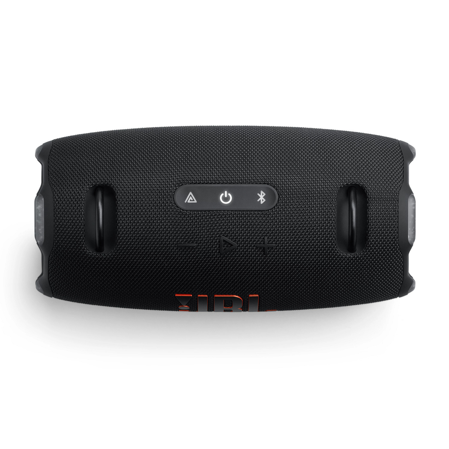 A black JBL speaker, showing controls and the speaker grill.
