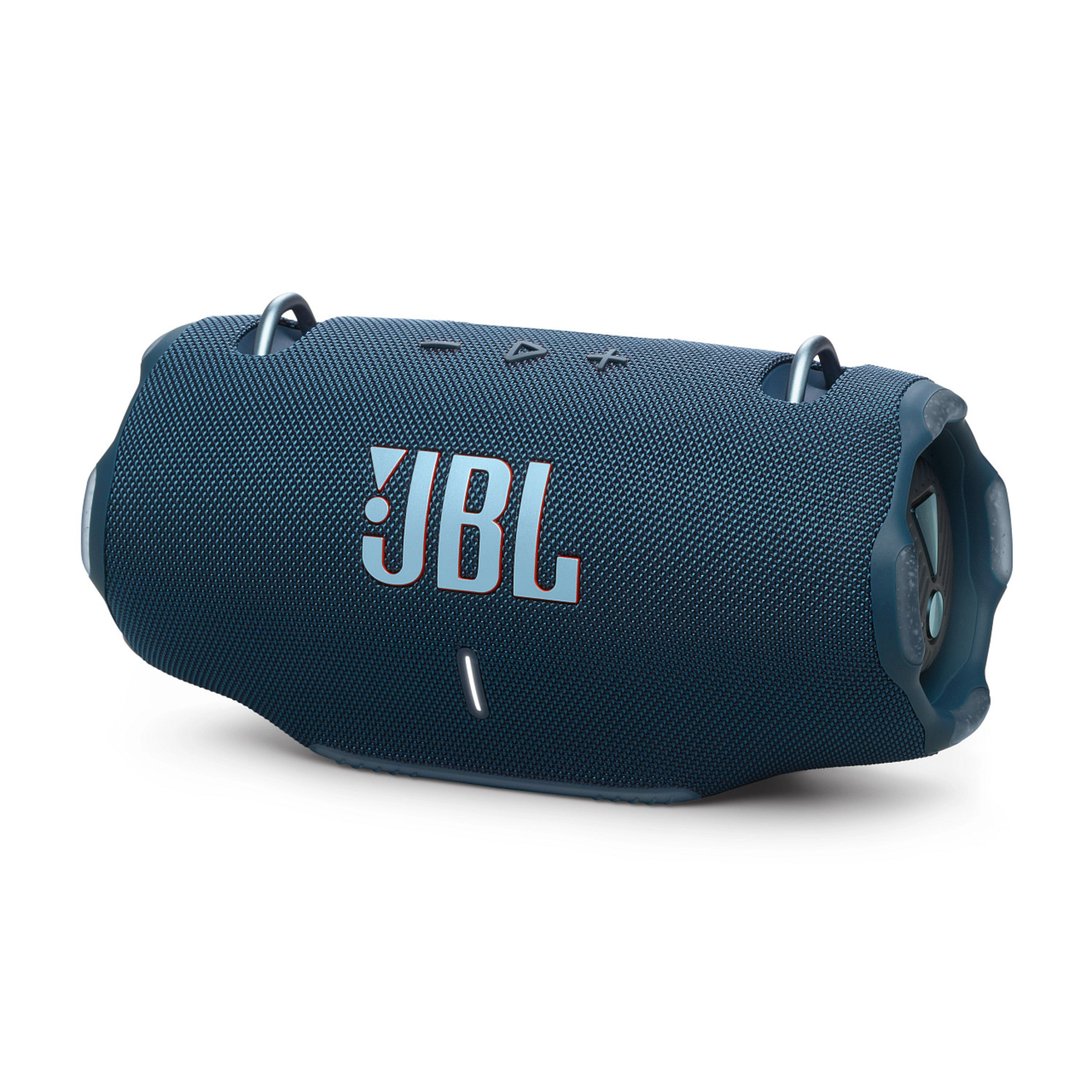 Haut-parleur JBL bleu sur fond blanc. Poignées argentées et logo JBL.