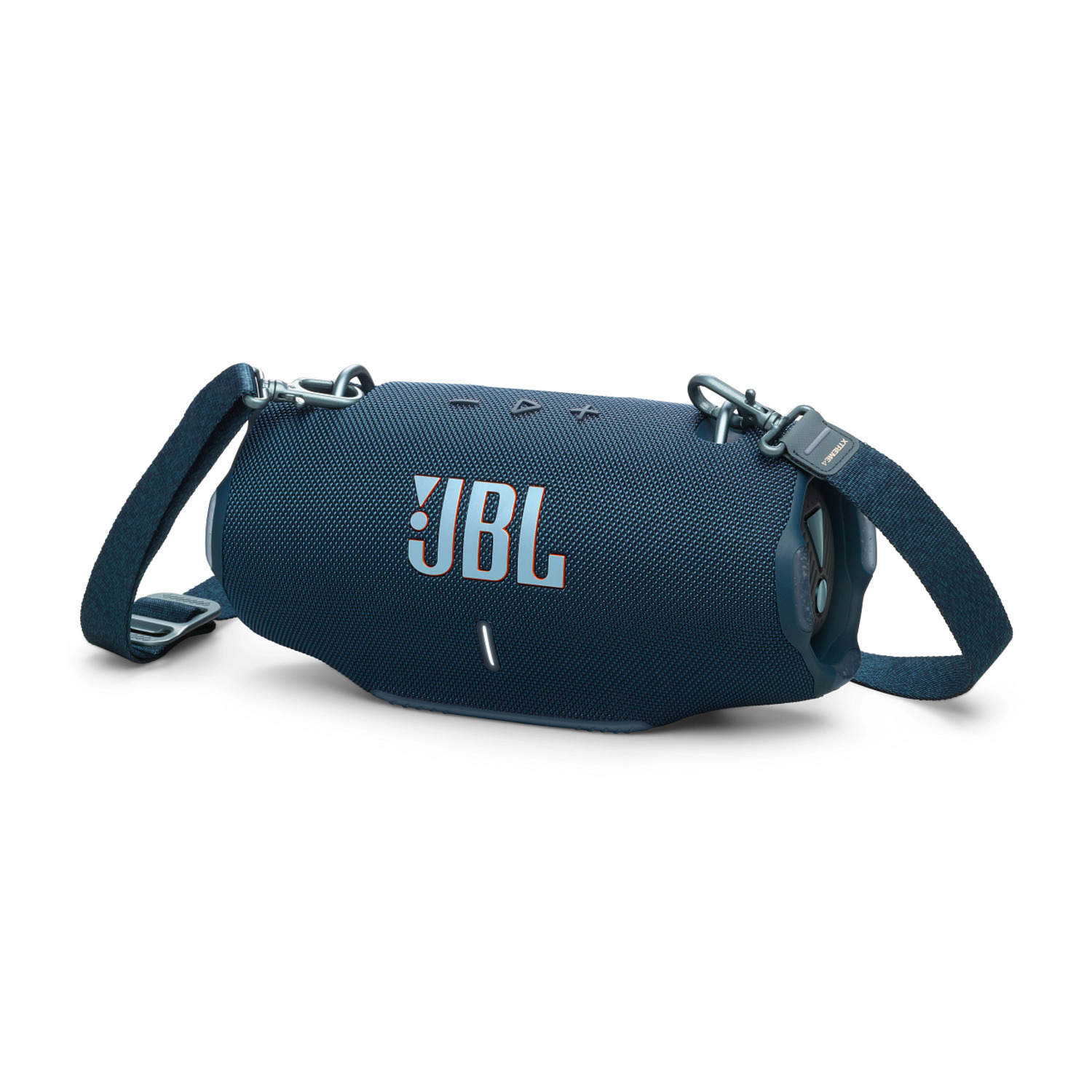 Haut-parleur JBL bleu avec une bandoulière.