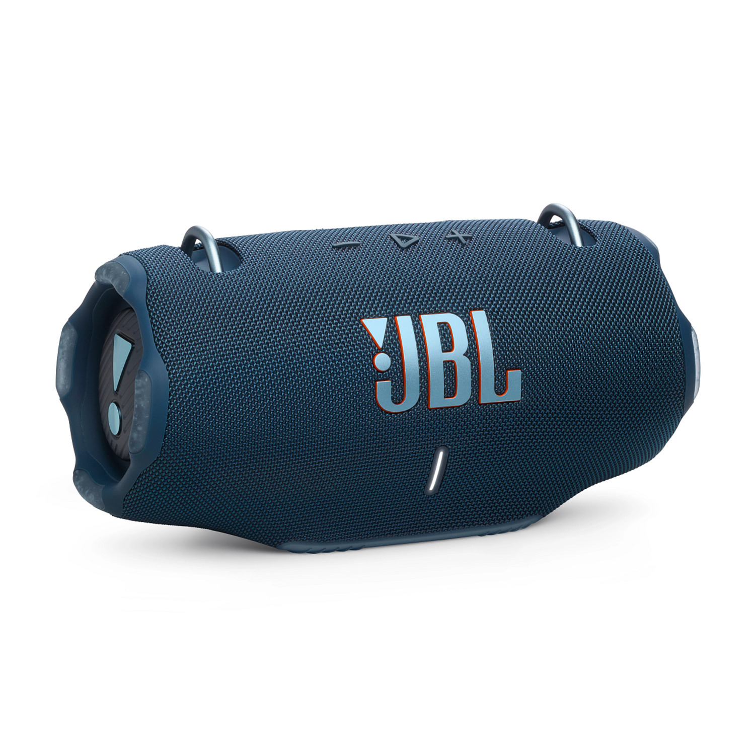 Enceinte JBL bleue avec des reflets blancs, légèrement inclinée pour montrer l'avant et le côté.