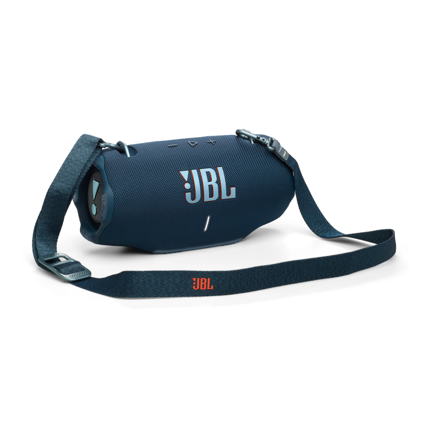 Enceinte JBL bleue avec une sangle, sur fond blanc.