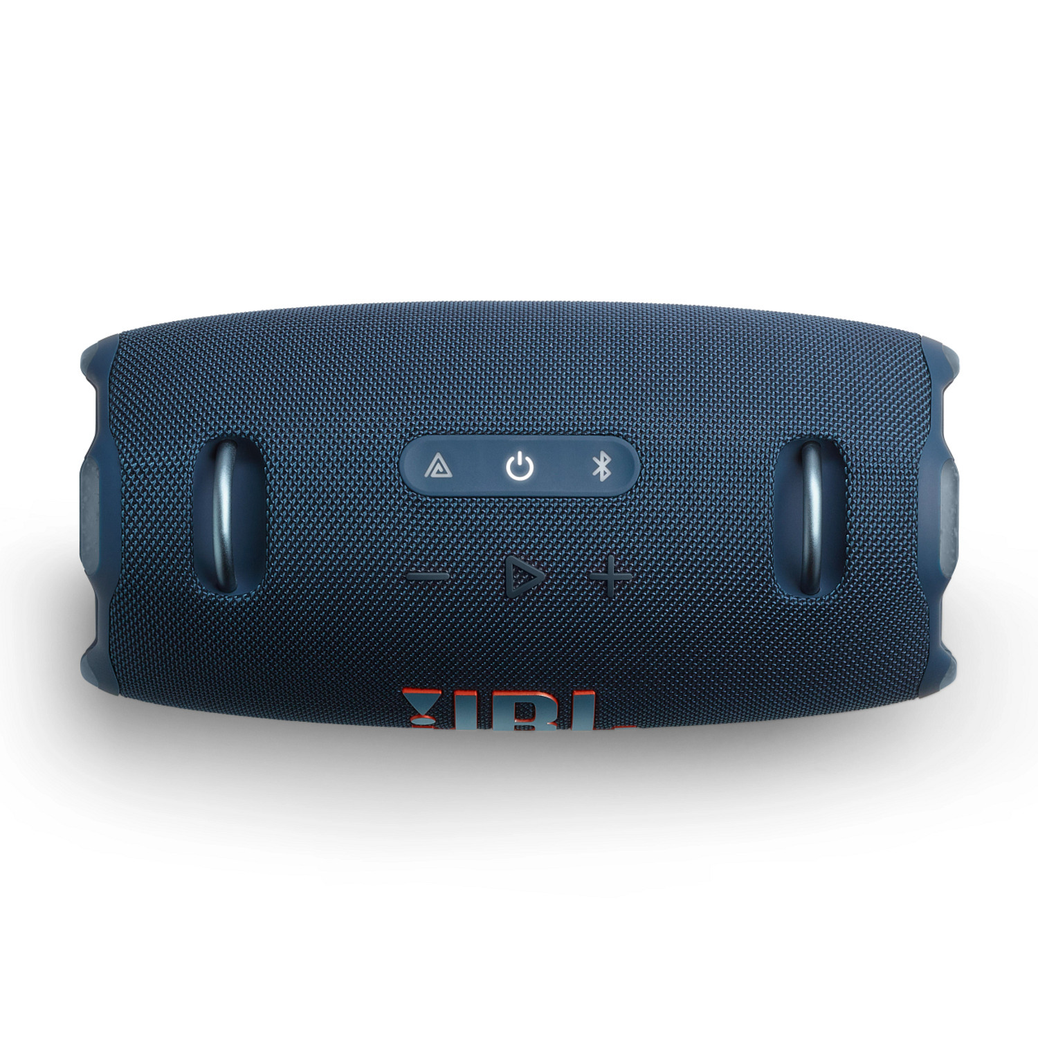 Haut-parleur bleu JBL sur fond blanc, avec boutons de contrôle et logo de la marque.