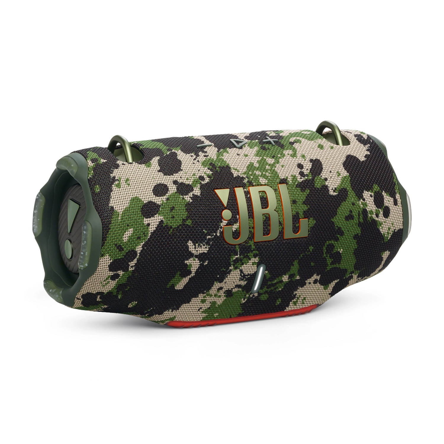 Haut-parleur JBL camouflage avec base rouge, sur fond blanc.