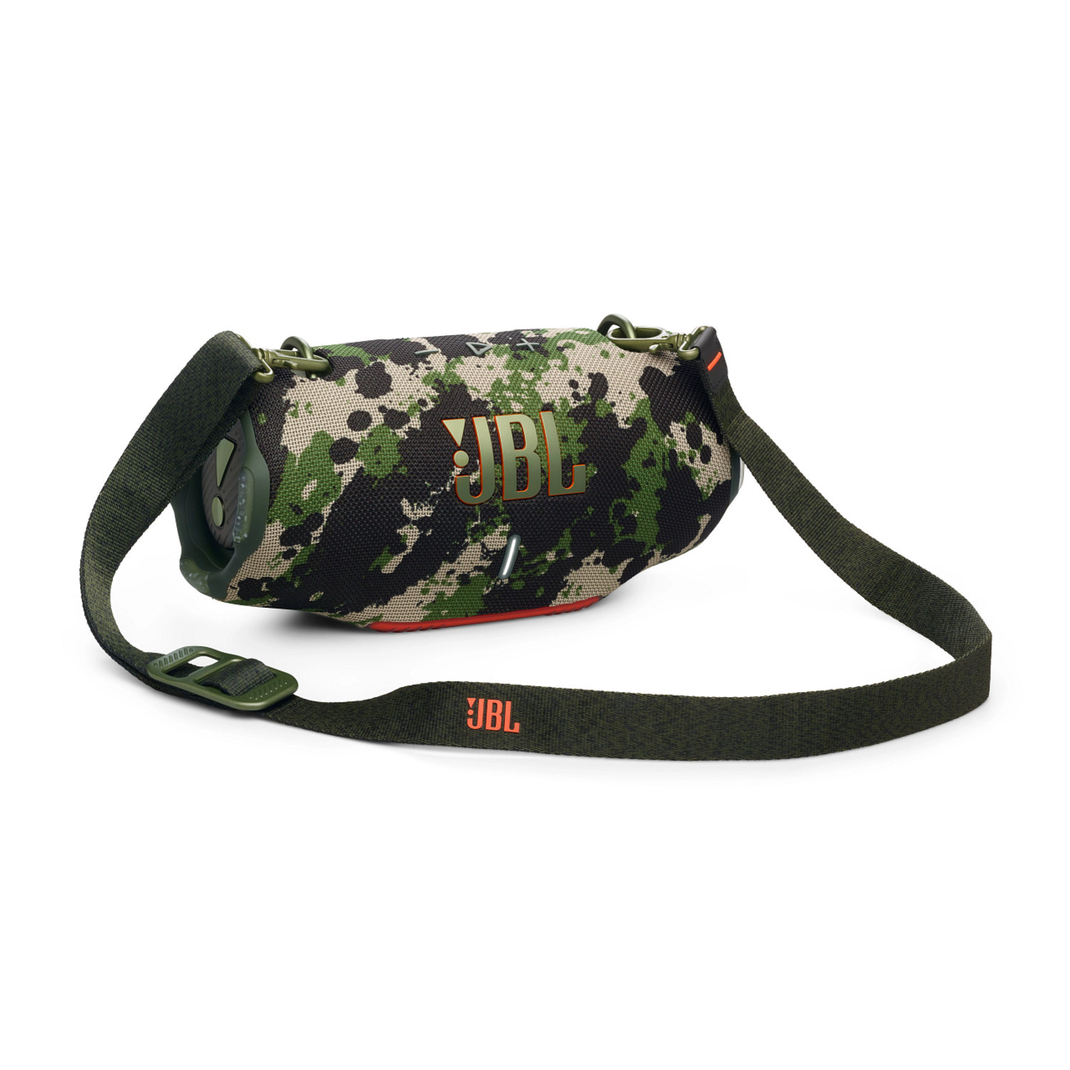 Haut-parleur JBL à motif camouflage avec une bandoulière. Couleurs noir et vert.