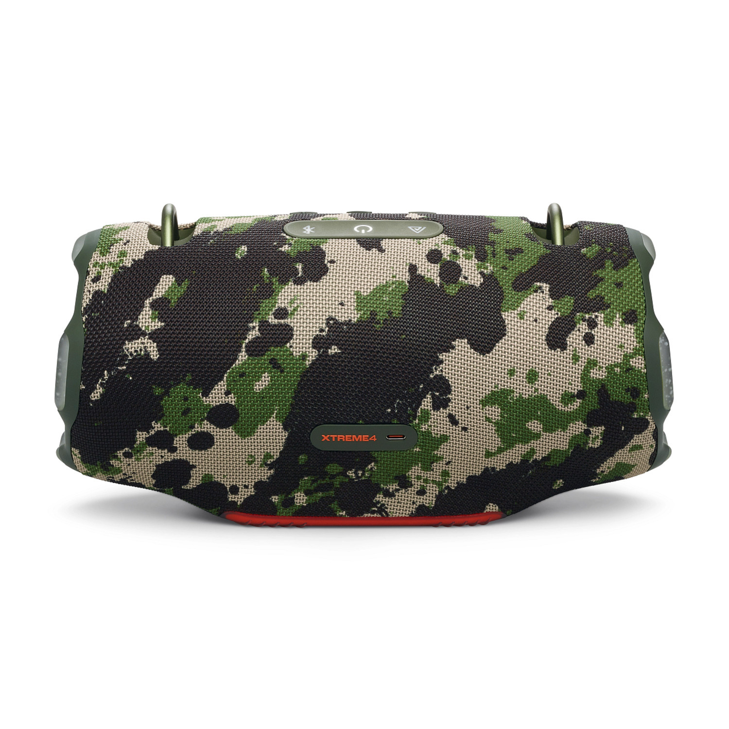 Haut-parleur camouflage sur fond blanc. Il a des poignées et une bande rouge. Boutons en haut.