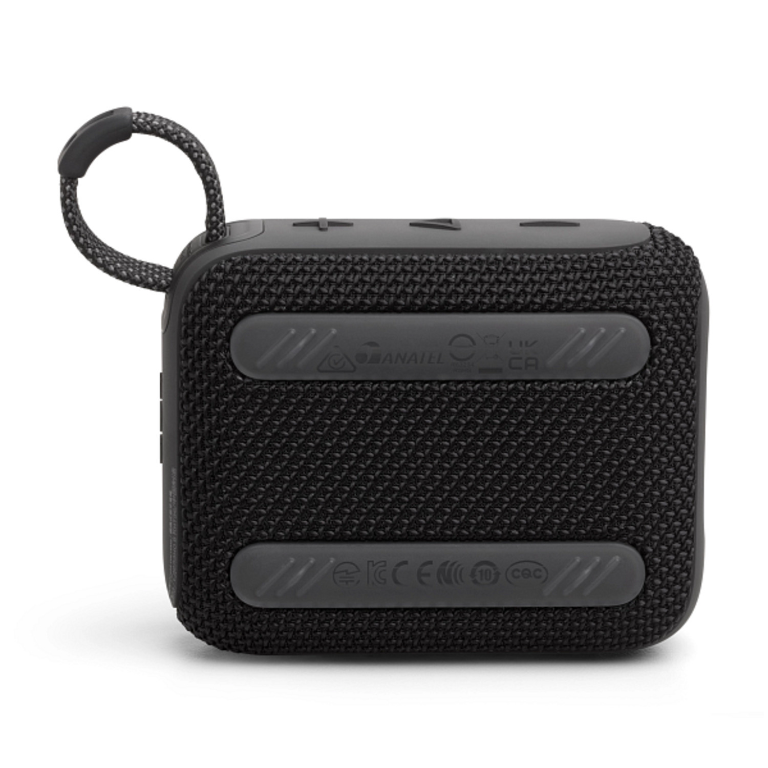Un haut-parleur noir et gris avec une boucle pour accrocher, de forme carrée.