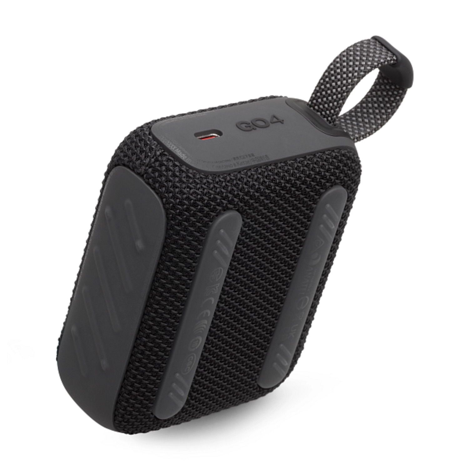 Enceinte JBL GO4 noire sur fond blanc, avec une boucle de transport.