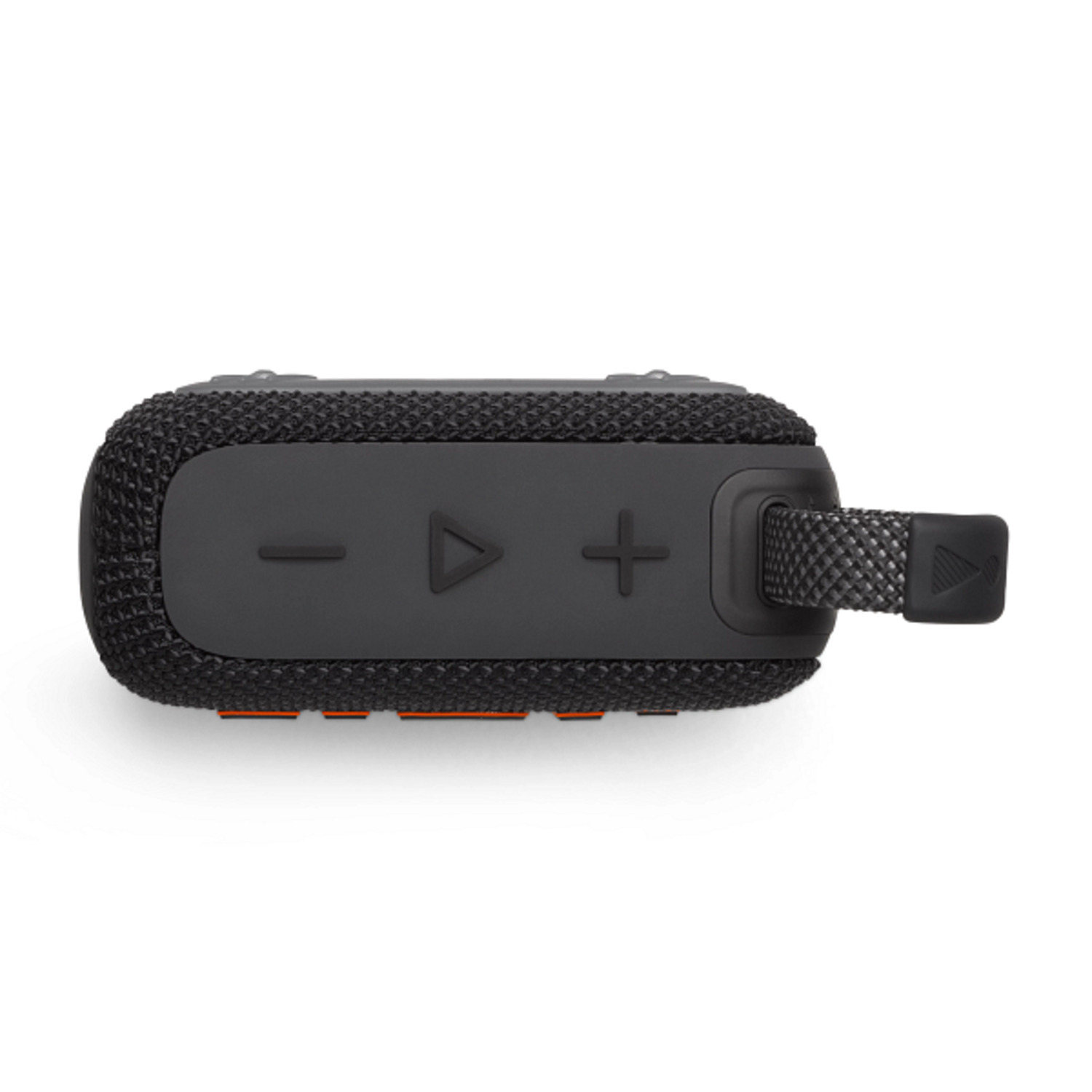 Un haut-parleur noir rectangulaire avec des boutons de volume, lecture/pause et une sangle de transport.