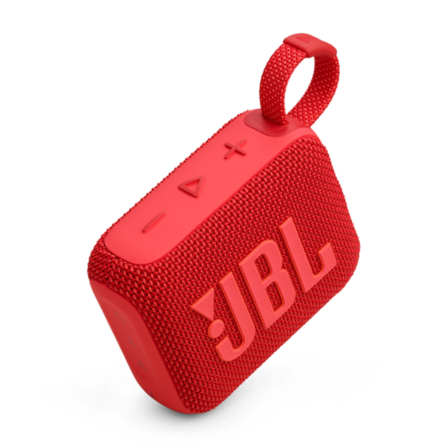 Red, cube-shaped portable speaker with buttons and the JBL logo in white.