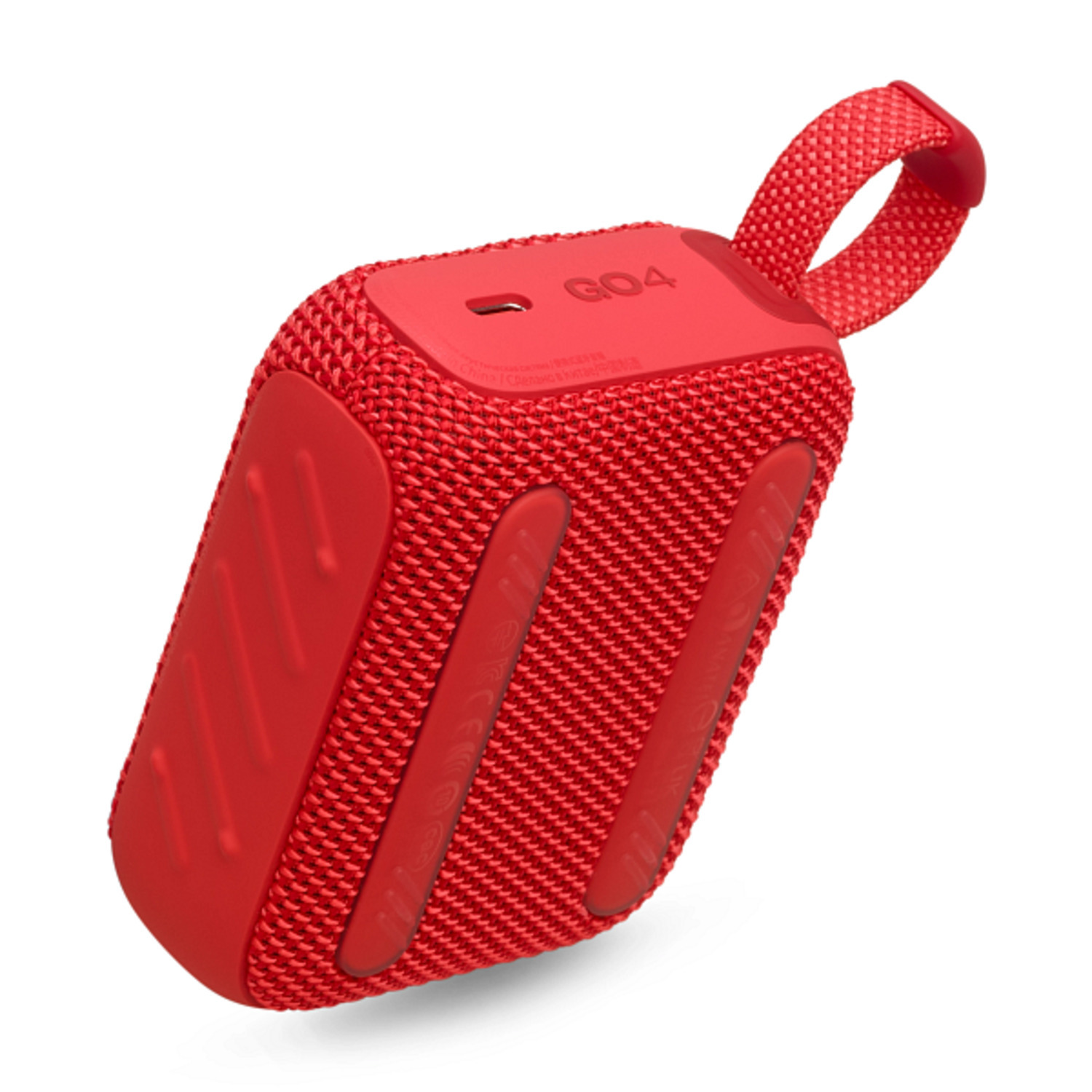 Red square speaker with a strap, on a white background. Mesh texture on the sides.
