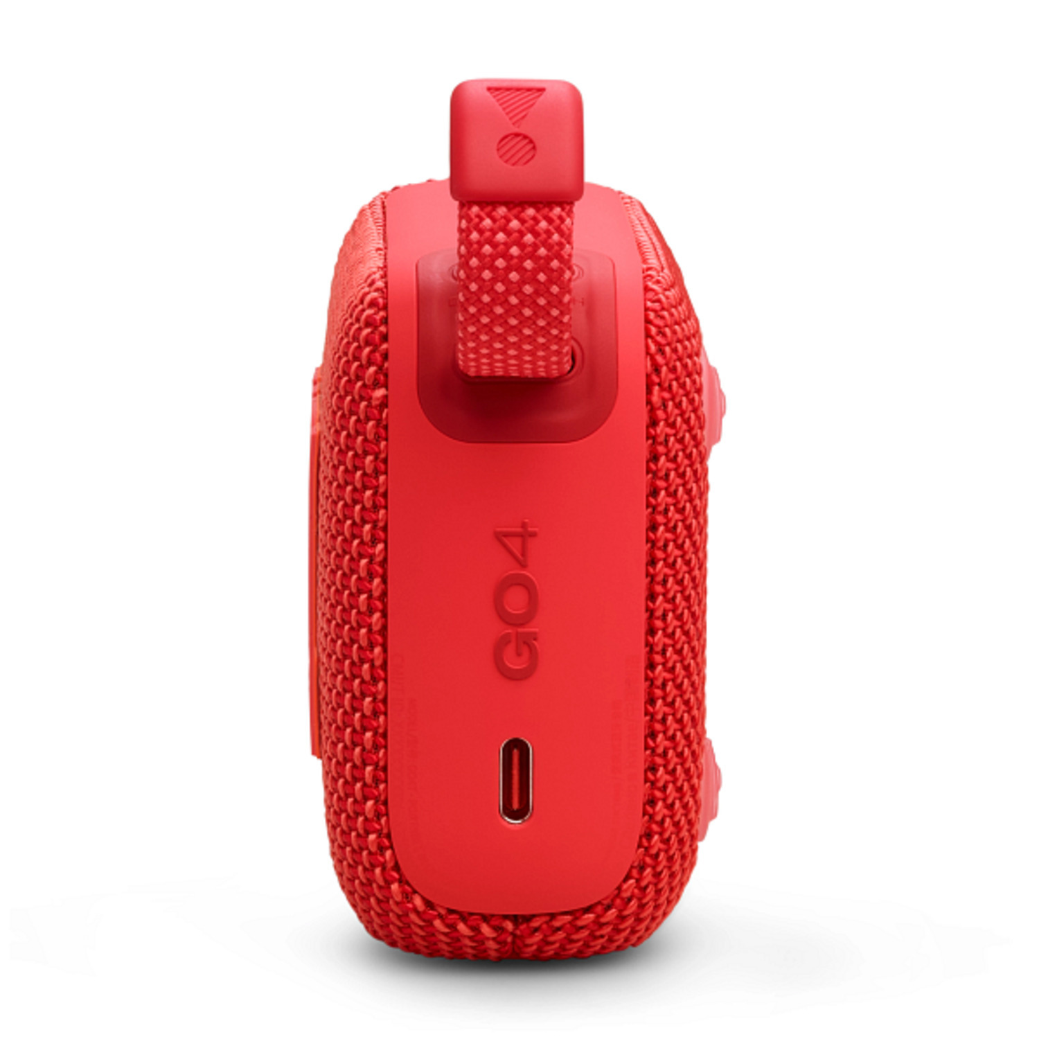 Red JBL Go 4 speaker, side view. Has a loop handle and a USB-C port.