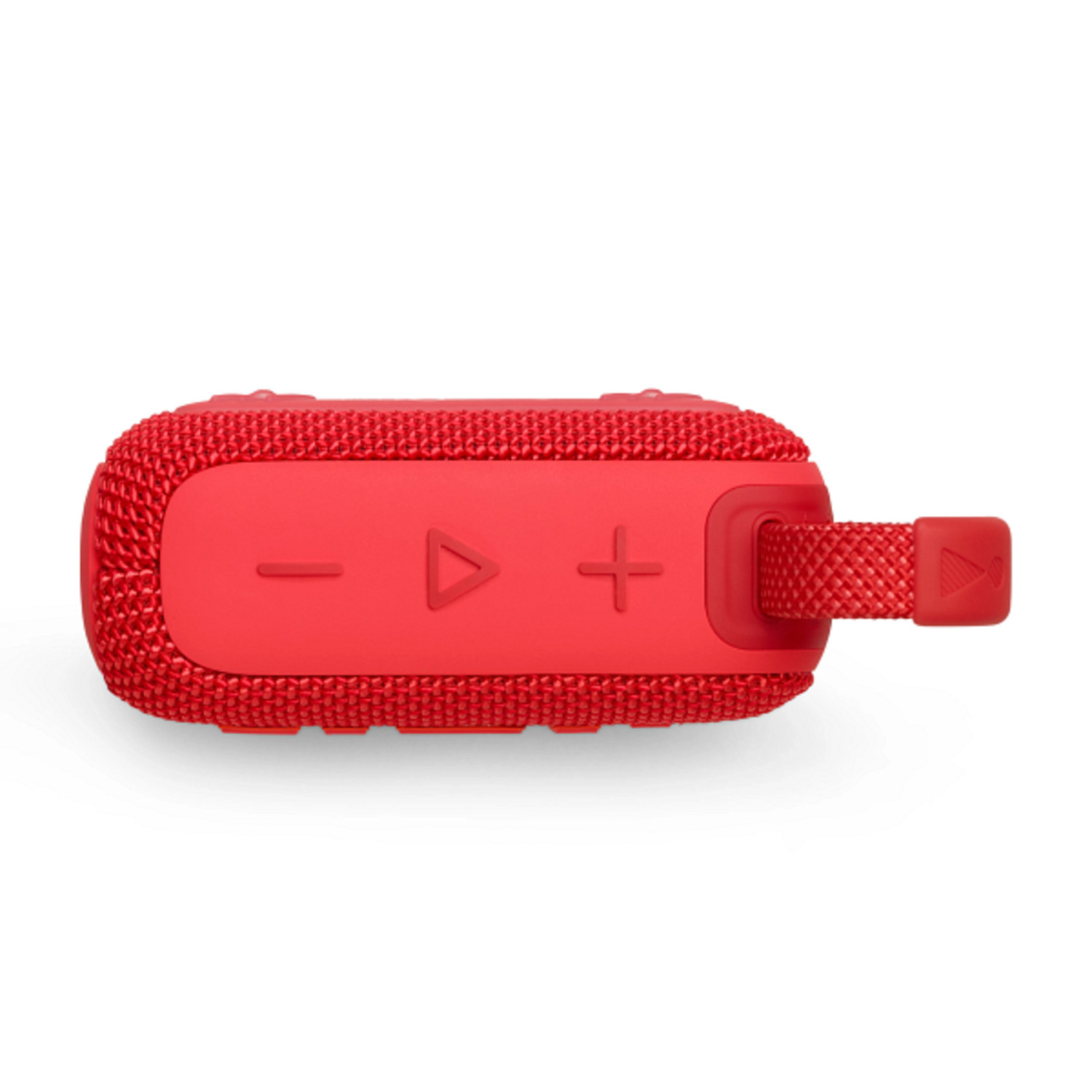A red speaker with buttons and a handle, isolated on white.
