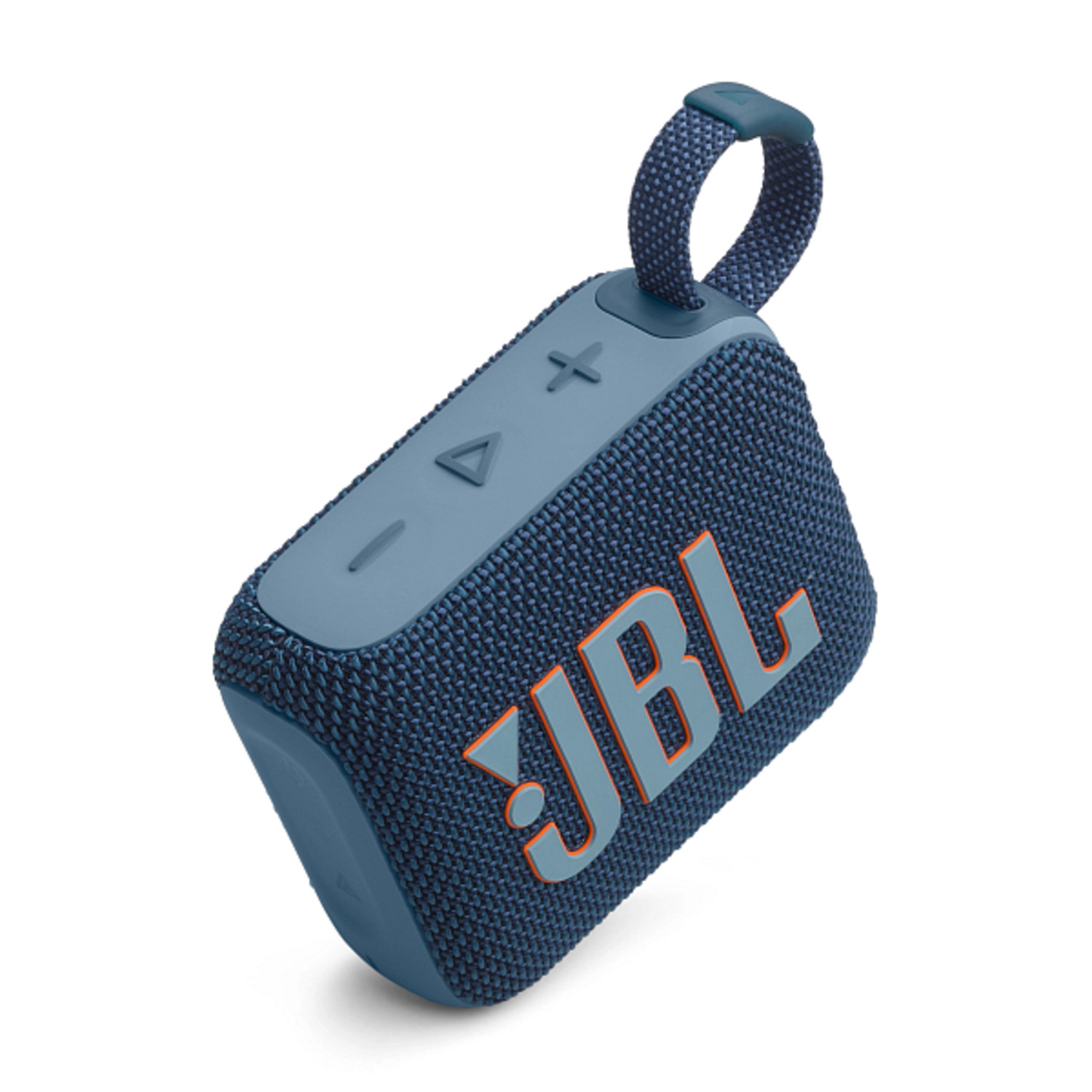 Enceinte JBL bleue et orange, en angle sur fond blanc.