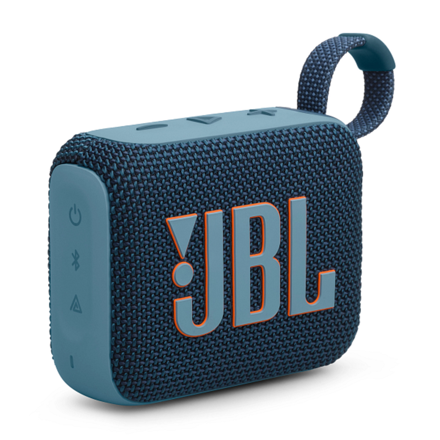Un haut-parleur JBL bleu. Le logo JBL est orange. Les boutons sont en haut.