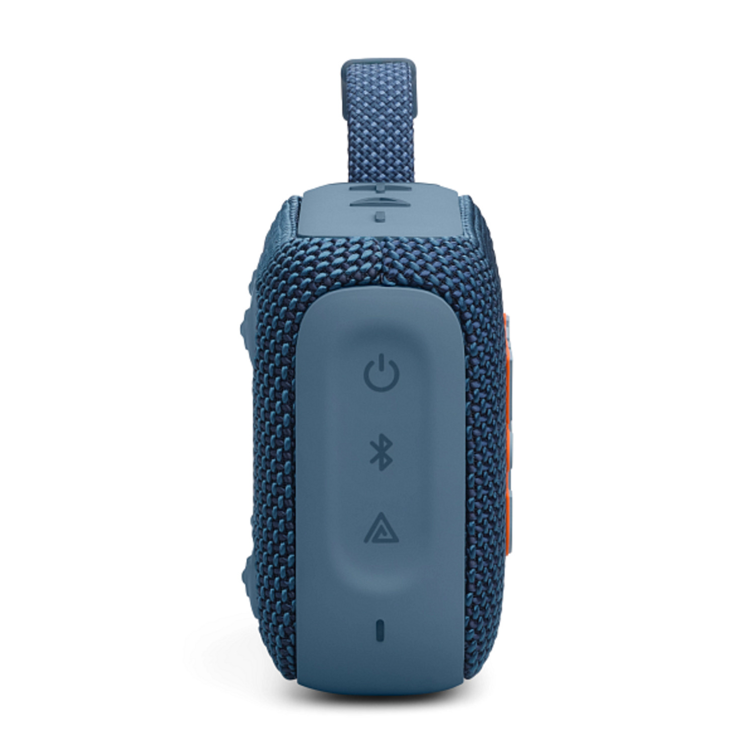 Un haut-parleur JBL bleu et orange avec des boutons et une poignée.