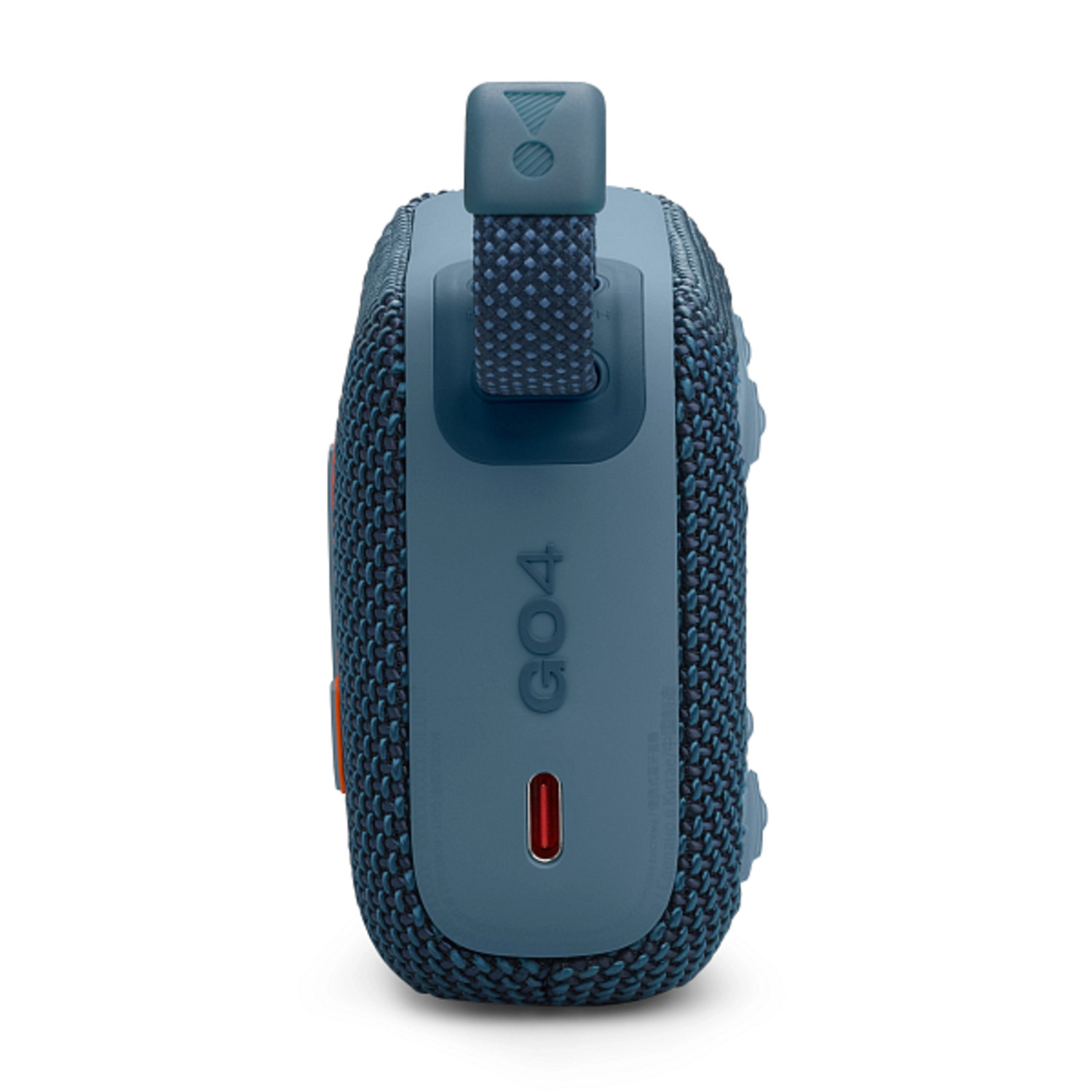 Un haut-parleur JBL GO4 bleu et gris, vue latérale, avec port USB rouge et une sangle.