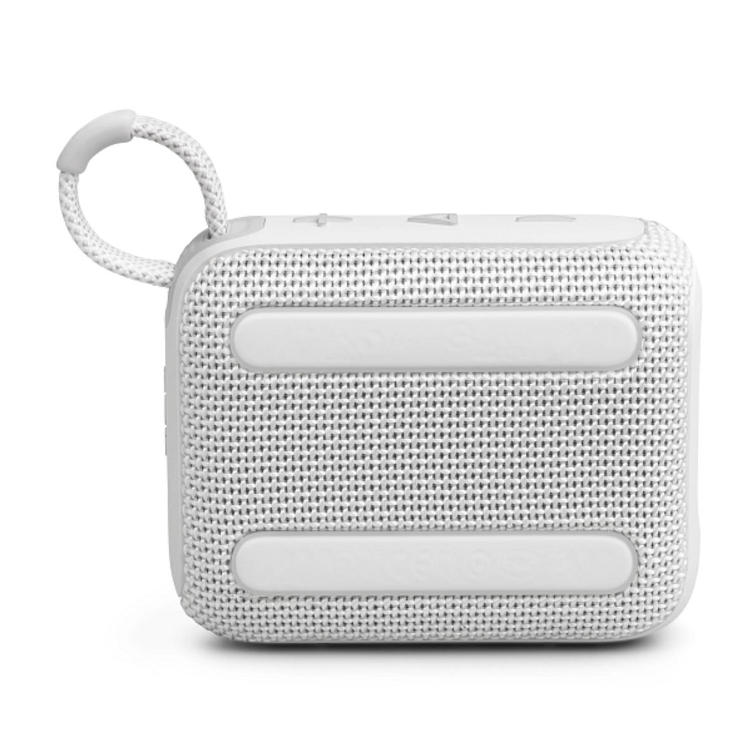 White portable speaker with a handle. It is sitting on a white surface.