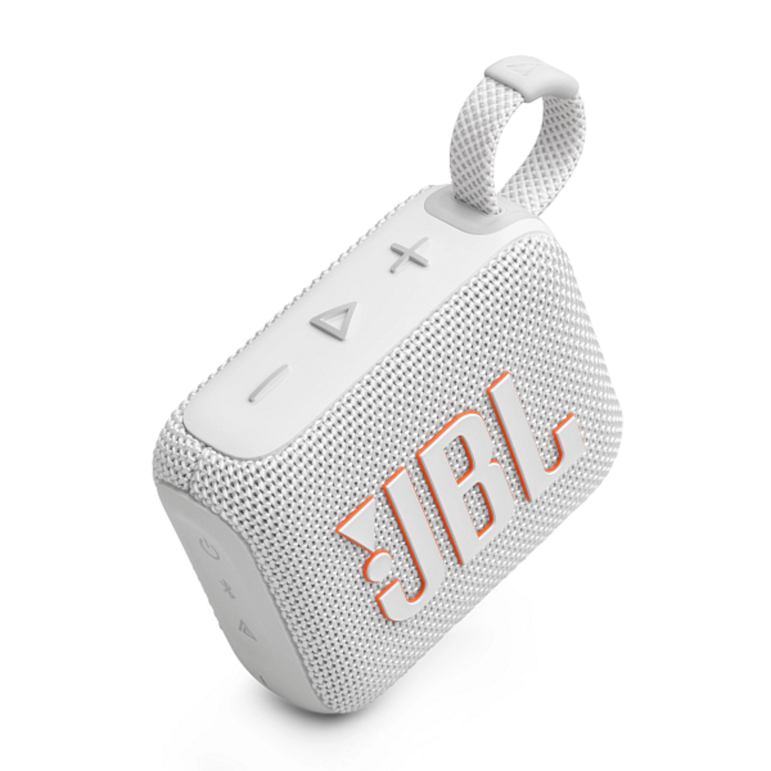 White and gray portable speaker with buttons and a handle.