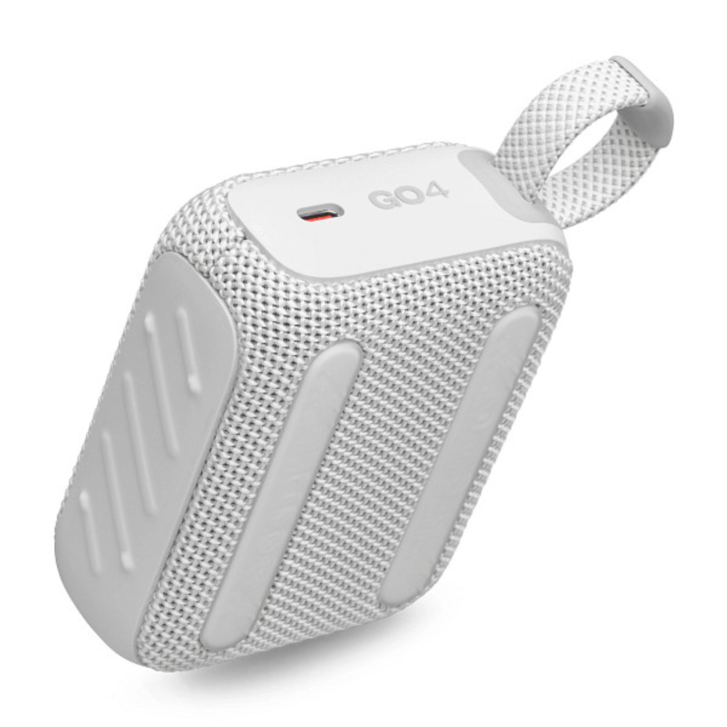 White and gray JBL Go 4 speaker with strap, angled upward.