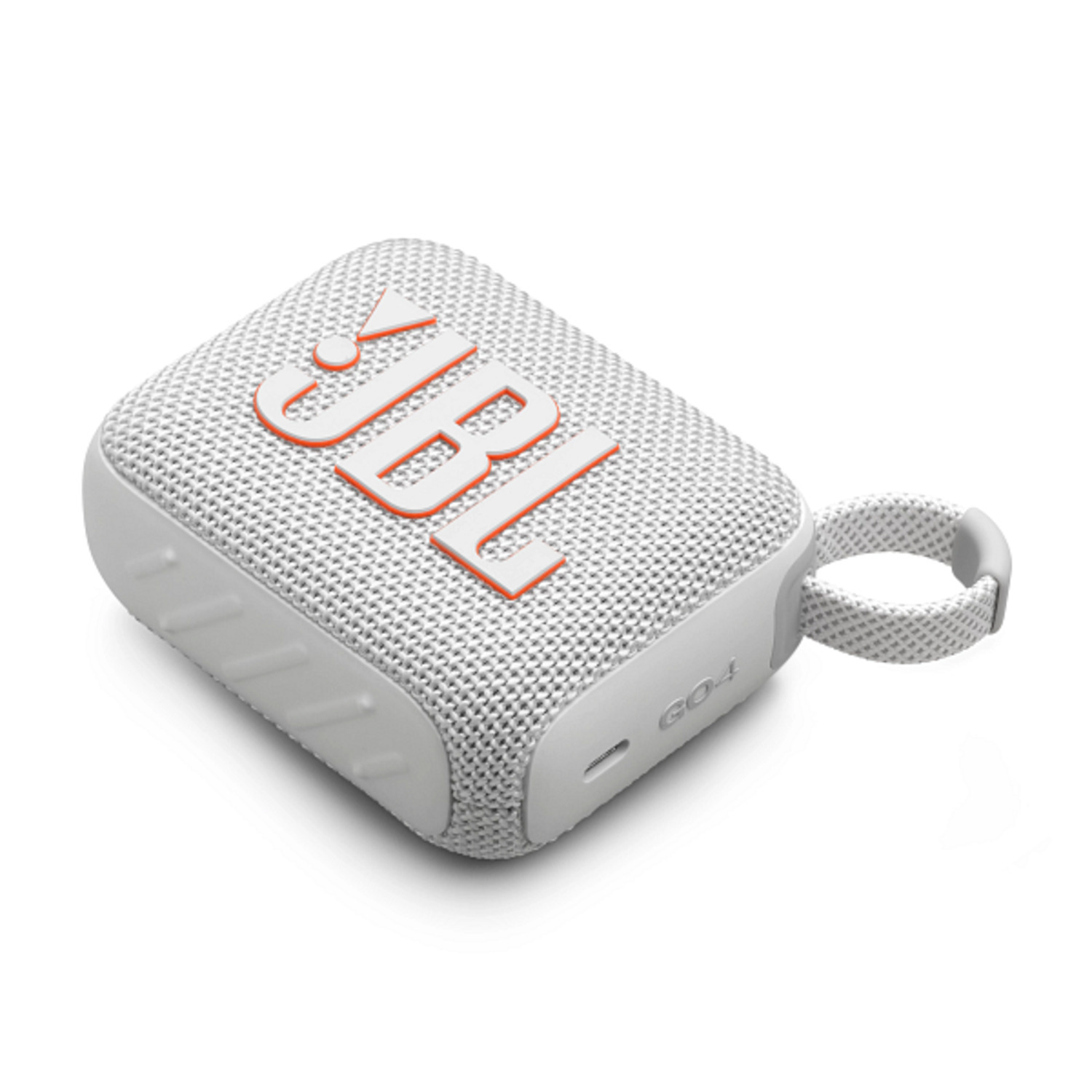 White and orange JBL speaker. It has a mesh fabric cover, and a handle. The brand name is visible.