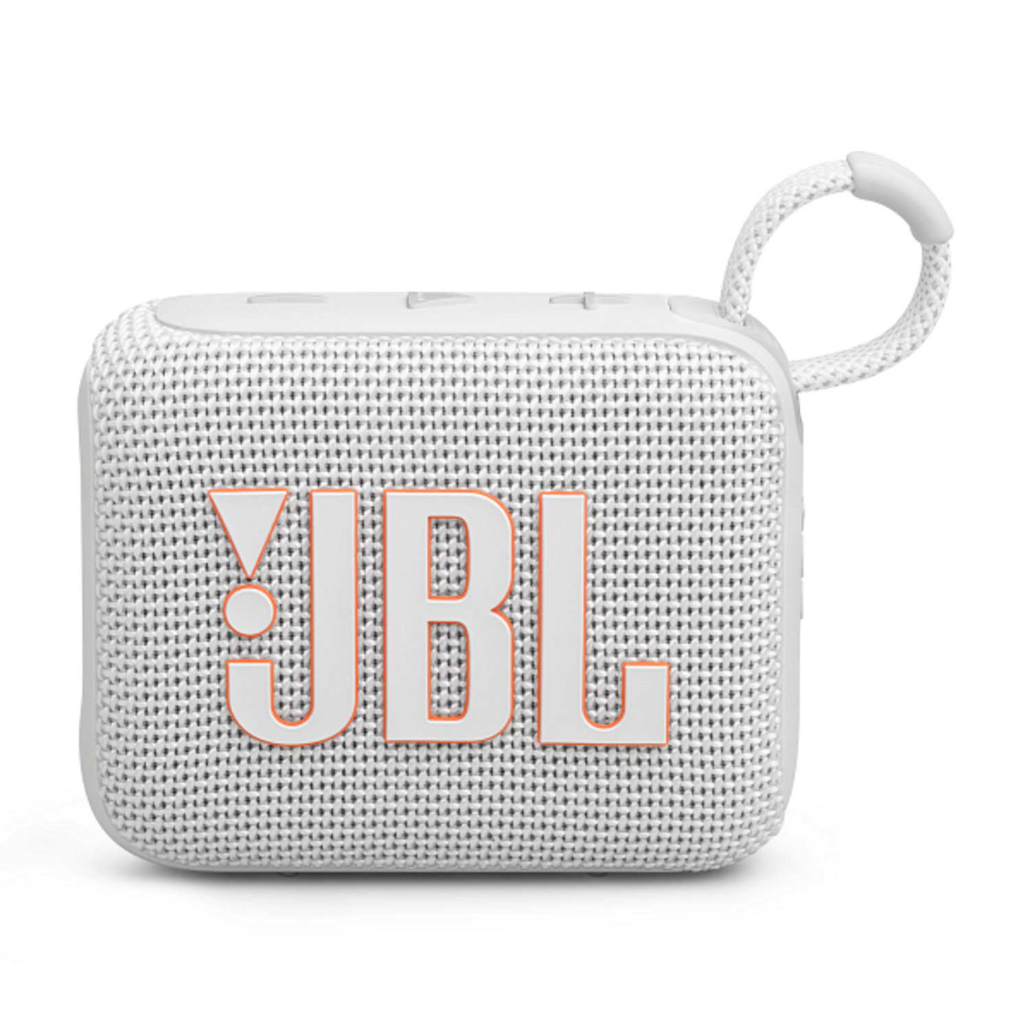 White small portable speaker with orange text and a handle, placed on white background.