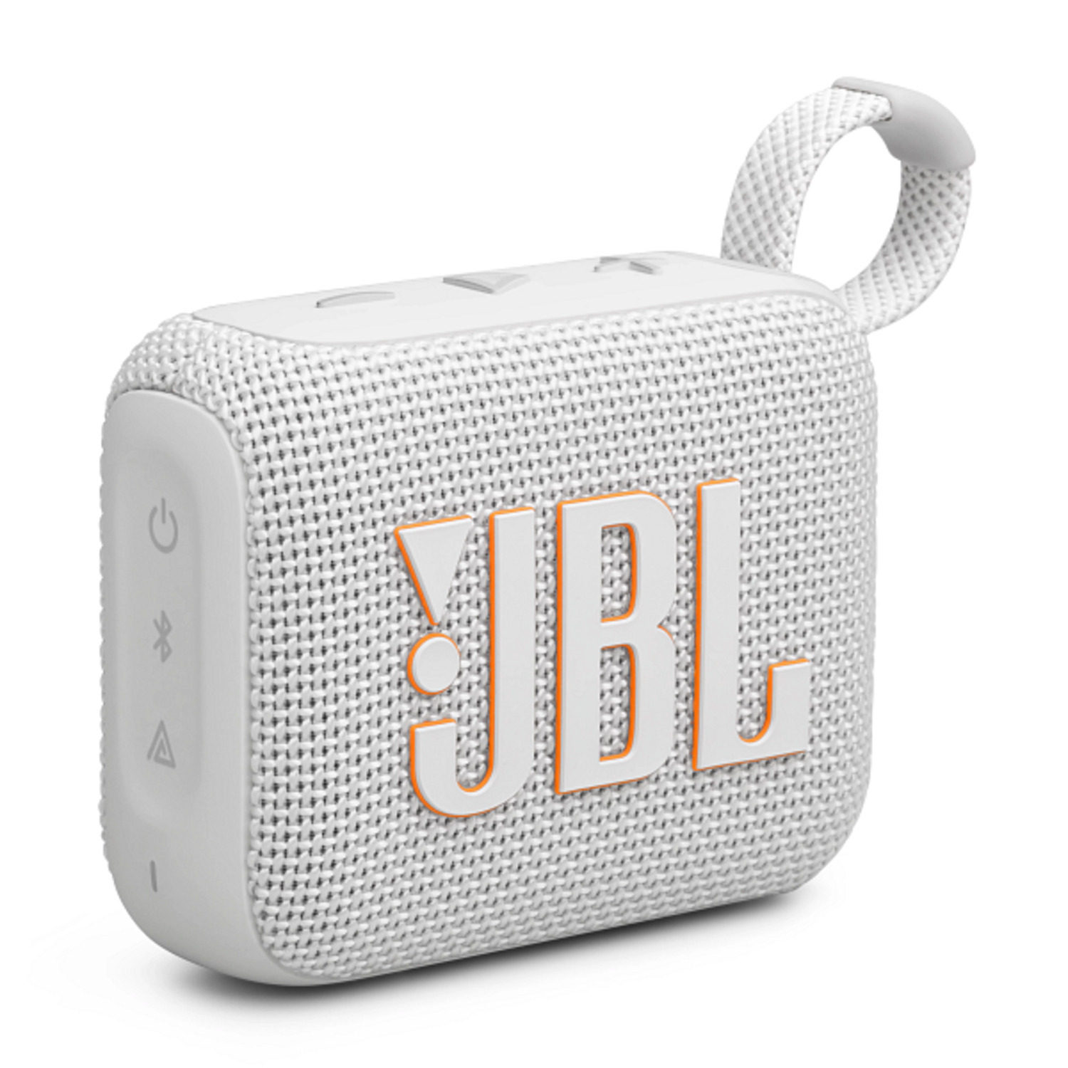 White JBL Go 3 speaker with orange logo and buttons, with a white strap, angled view.