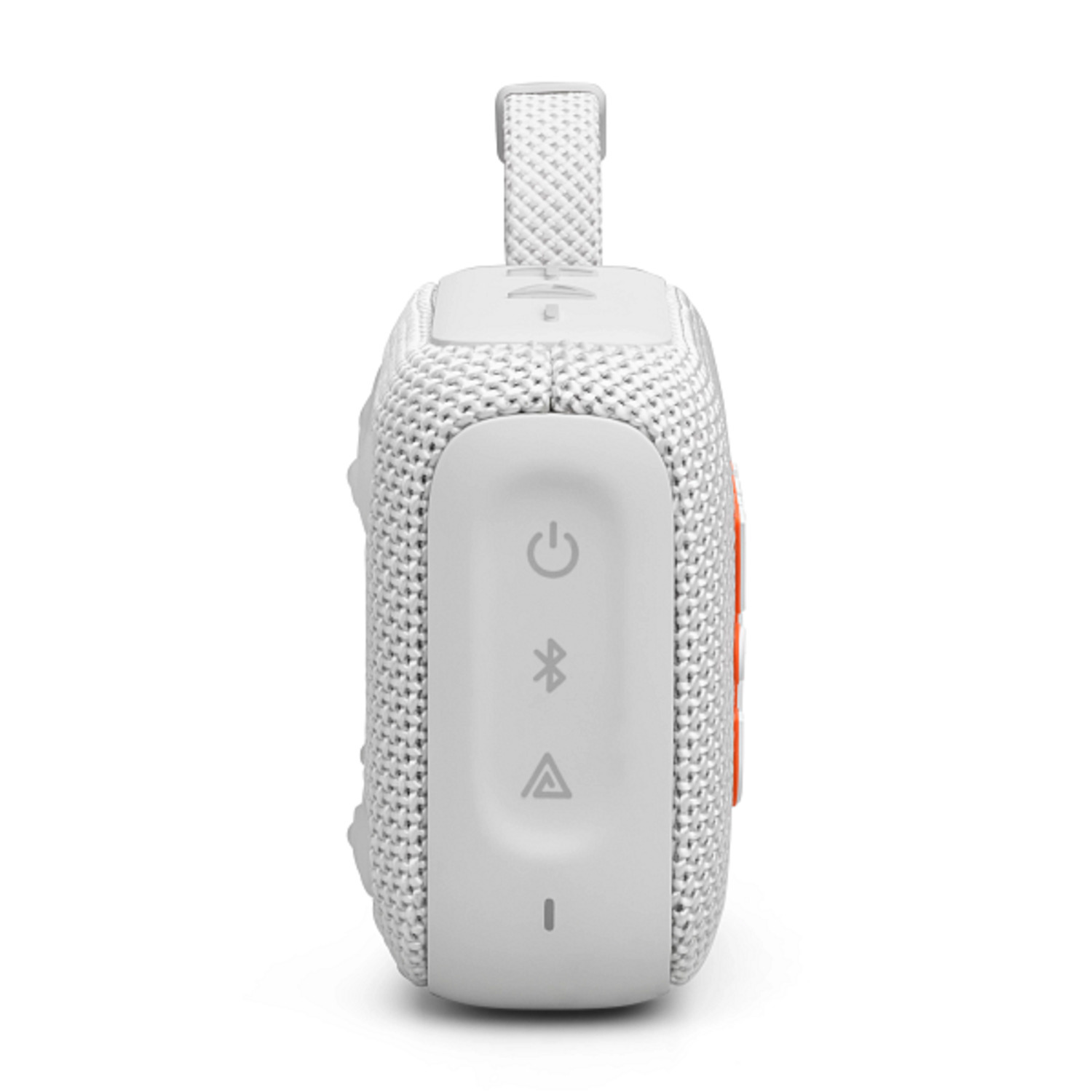White speaker with orange accents. Buttons are visible on the top.