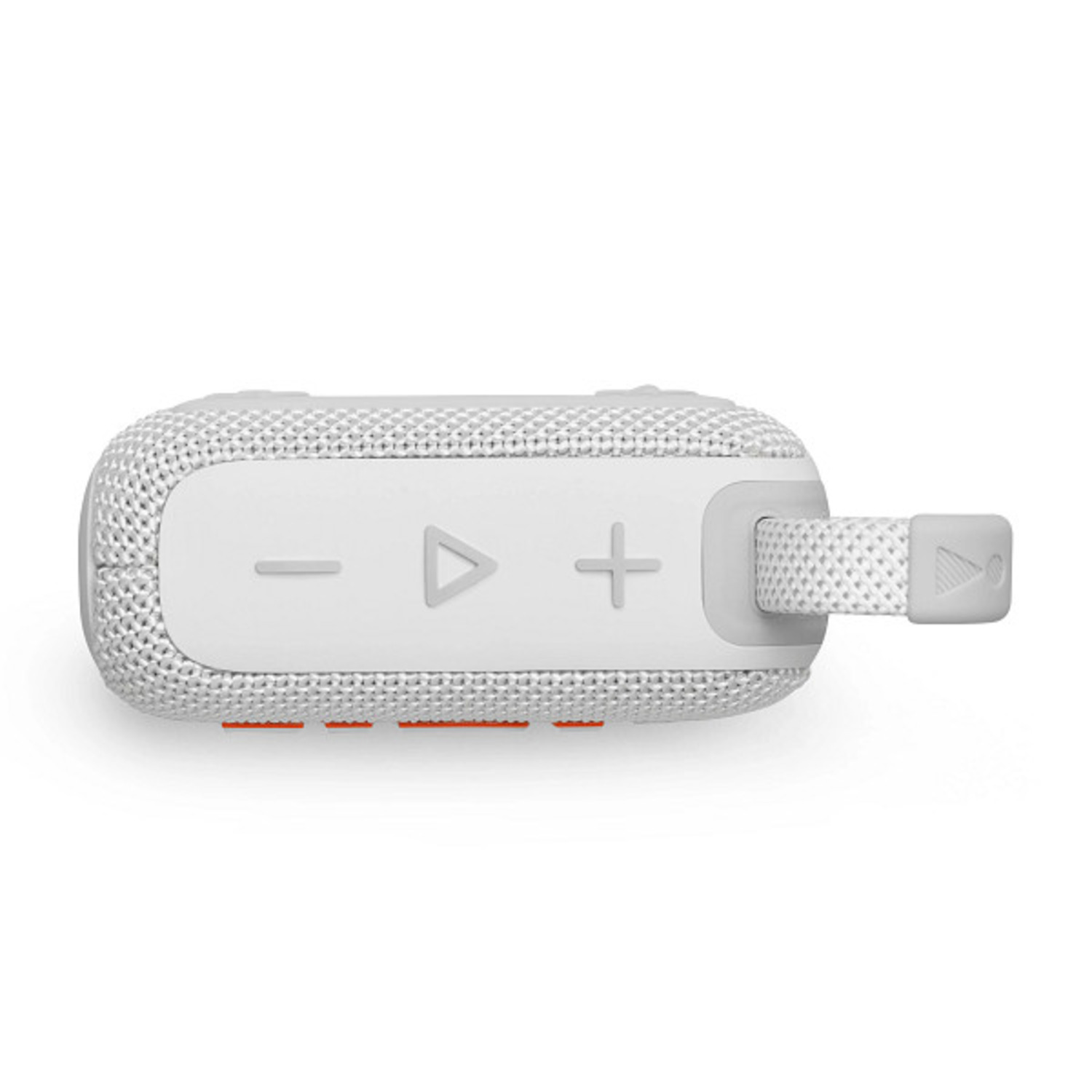 Top view of a white portable speaker with controls, the JBL logo and a strap.