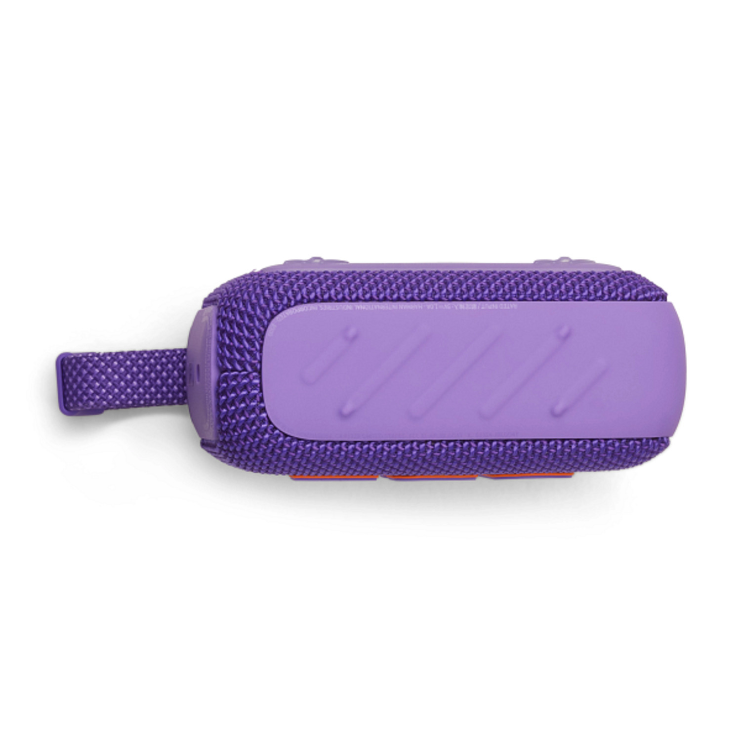 Haut-parleur violet, rectangulaire, avec une sangle. Il a un maillage et un dessus plat avec des arêtes.