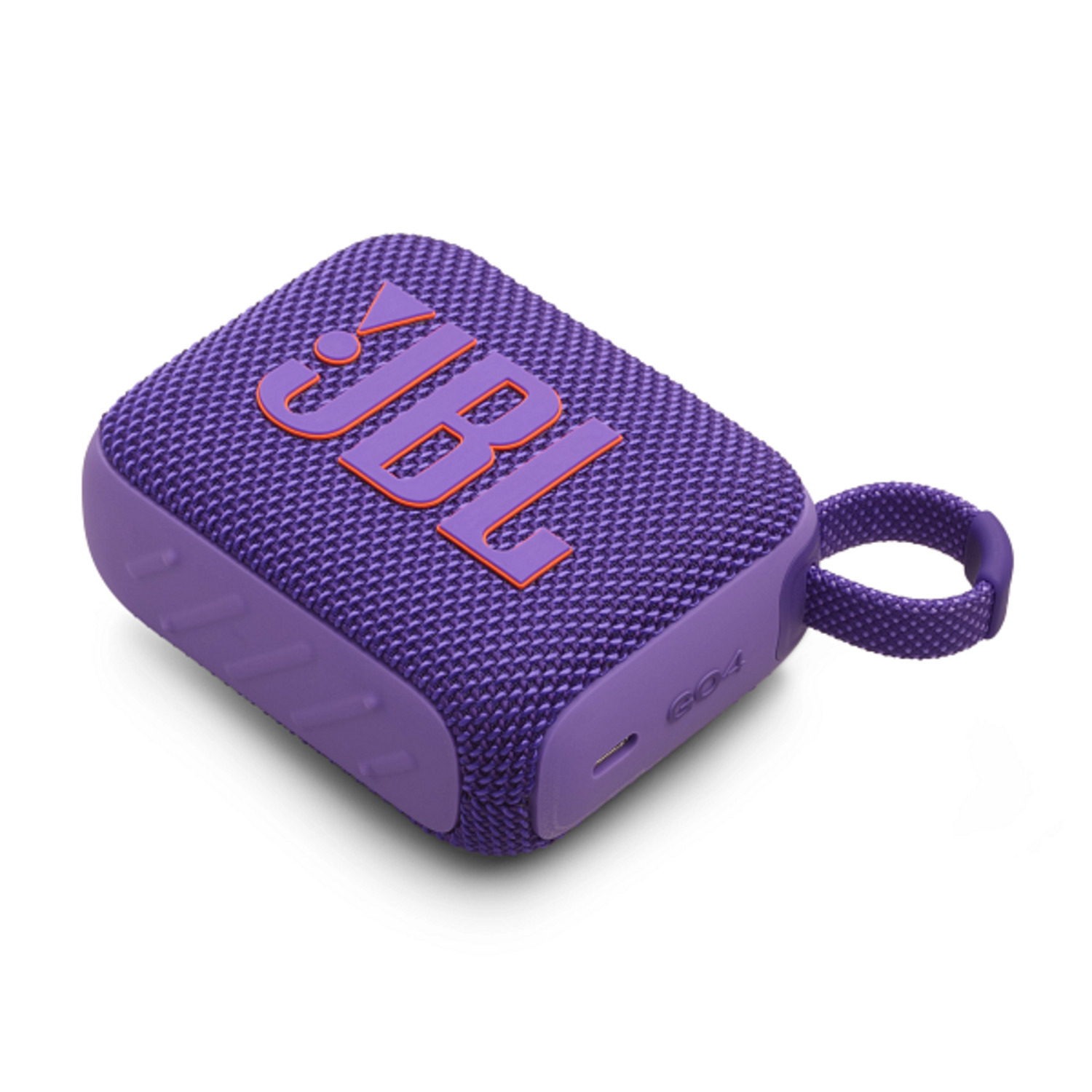 Un haut-parleur JBL violet est incliné. Le logo et les boutons sont visibles.