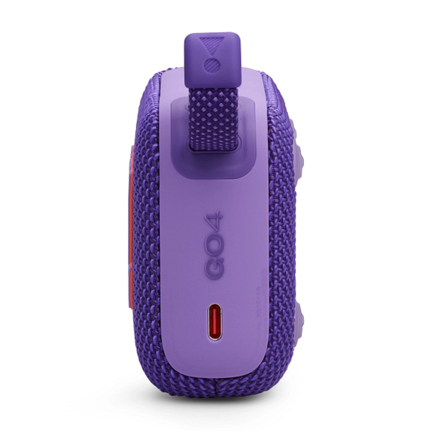Enceinte JBL violette, vue latérale, avec un port de charge.