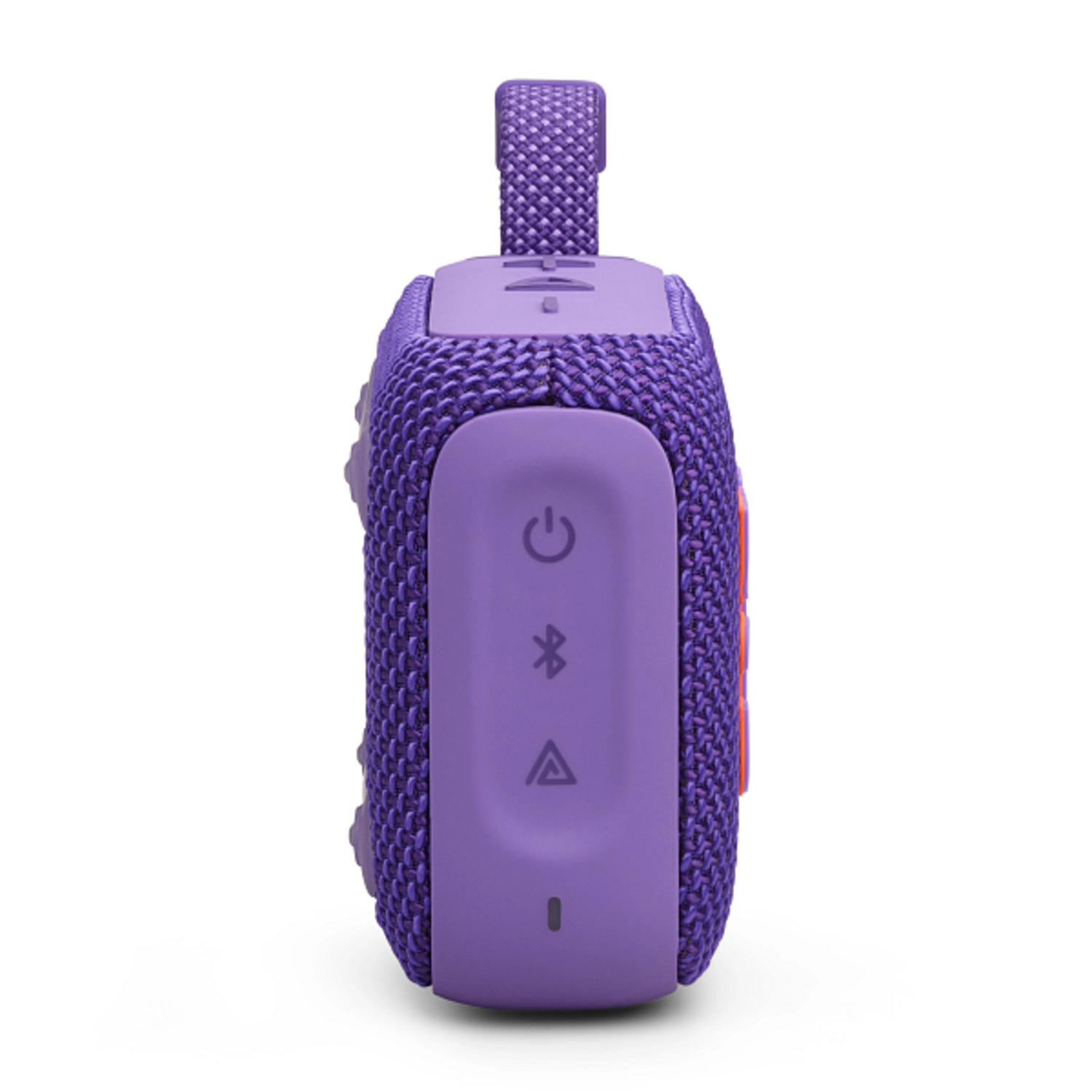 Une enceinte violette avec poignée et boutons de commande sur fond blanc.