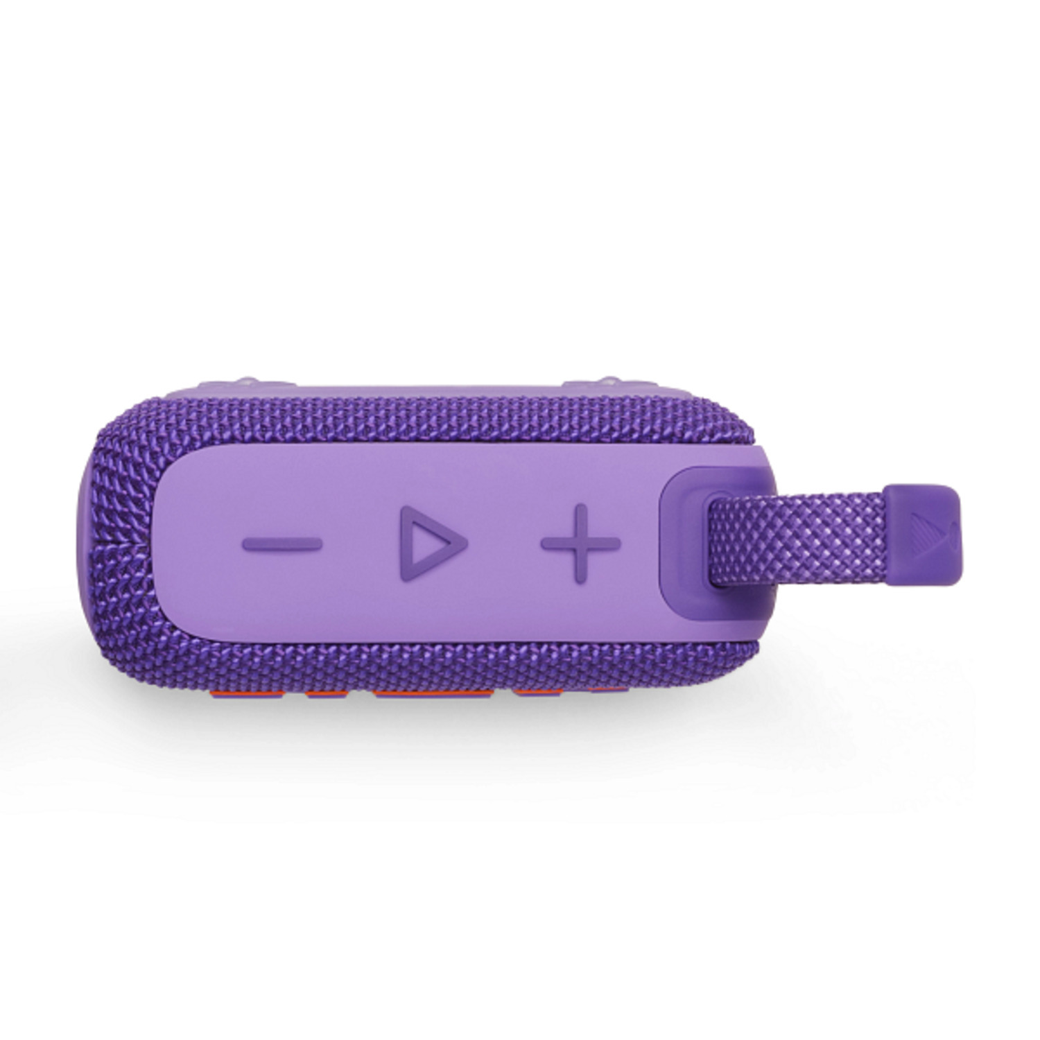 Enceinte portable violette avec boutons de contrôle du volume et une sangle.