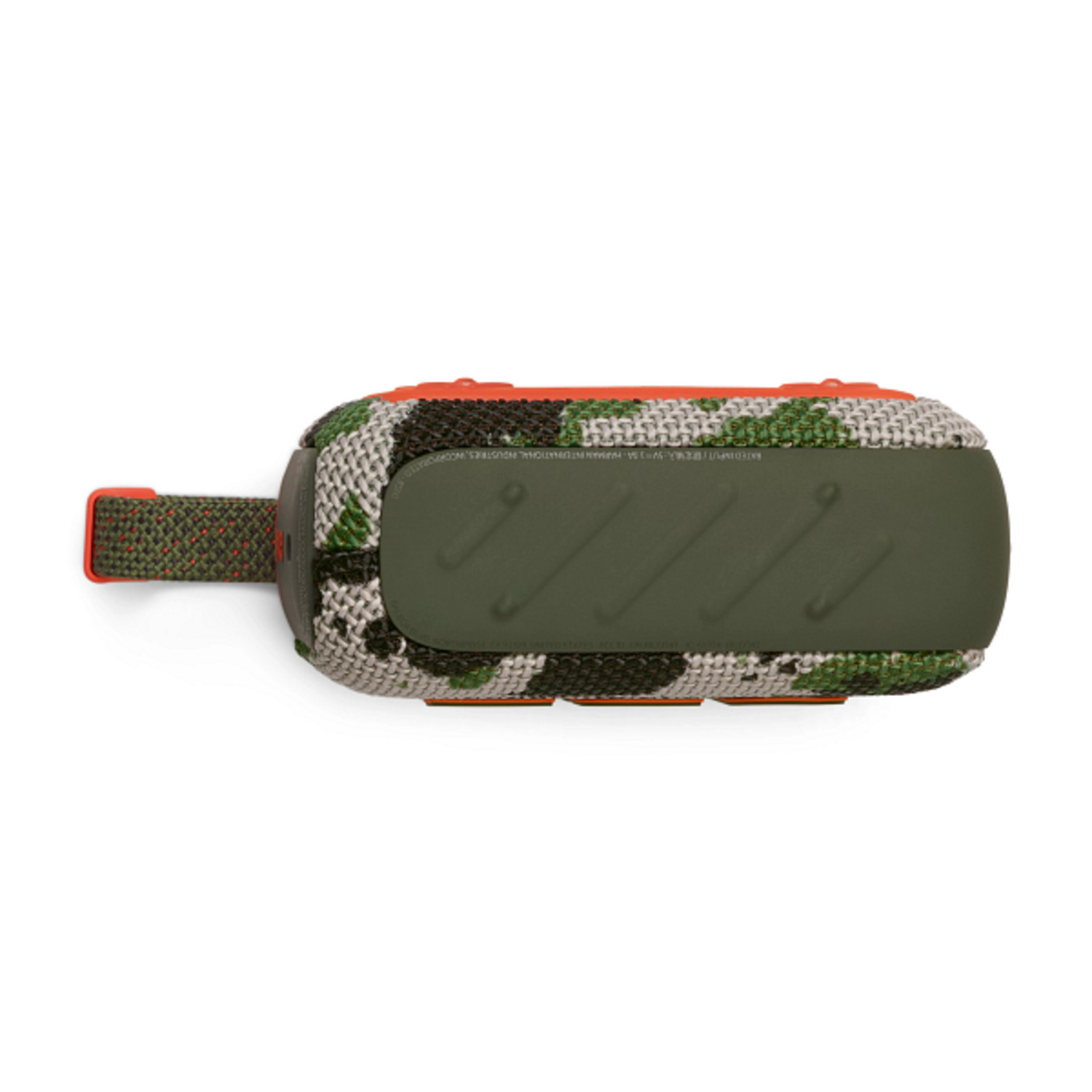 Green and camo-patterned speaker, overhead view, with orange accents.