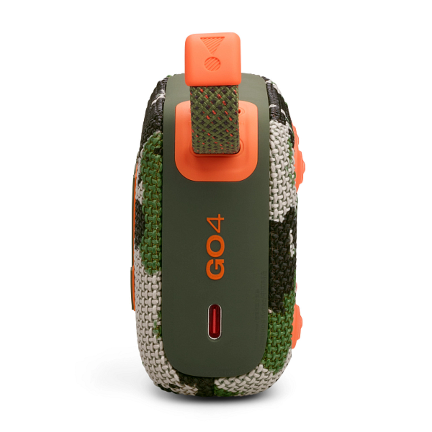 Green camouflage speaker with orange accents, a handle, and the GO4 logo.