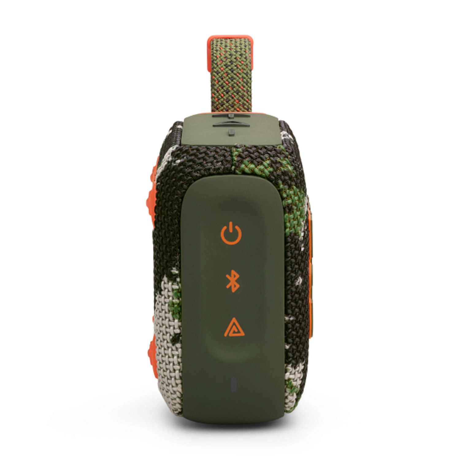 A small, olive green camouflage speaker with a strap, and button controls.