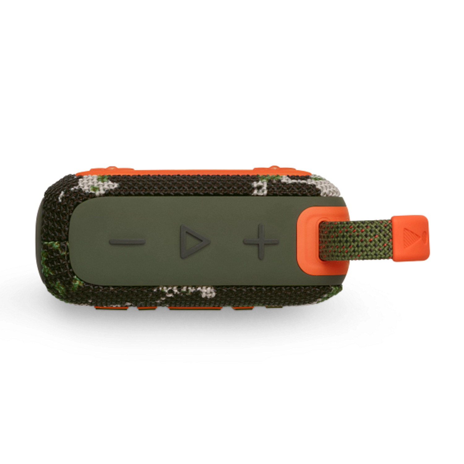 A camouflaged portable speaker with orange accents.