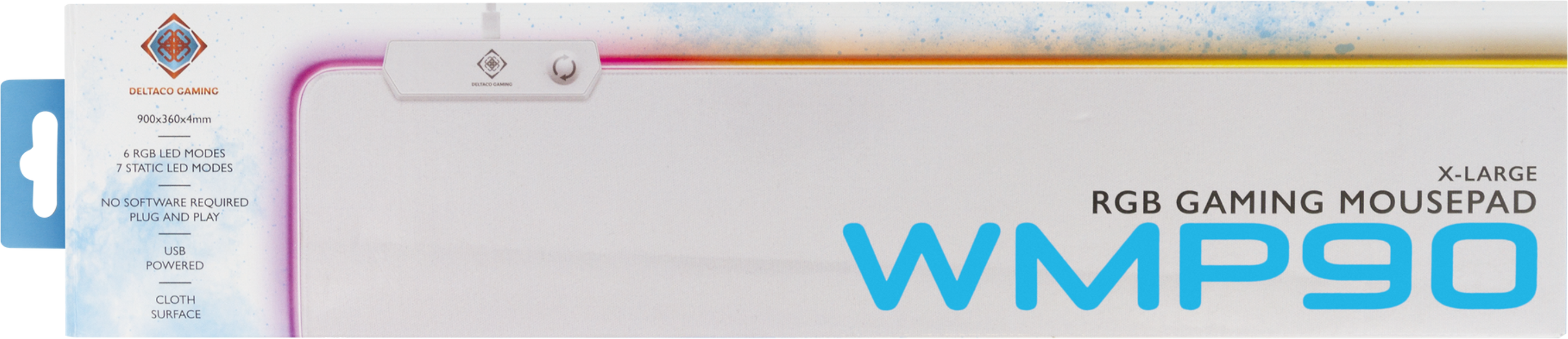 Un tappetino per mouse da gioco bianco e blu con il nome WMP90 e il logo nell'angolo in alto a sinistra.