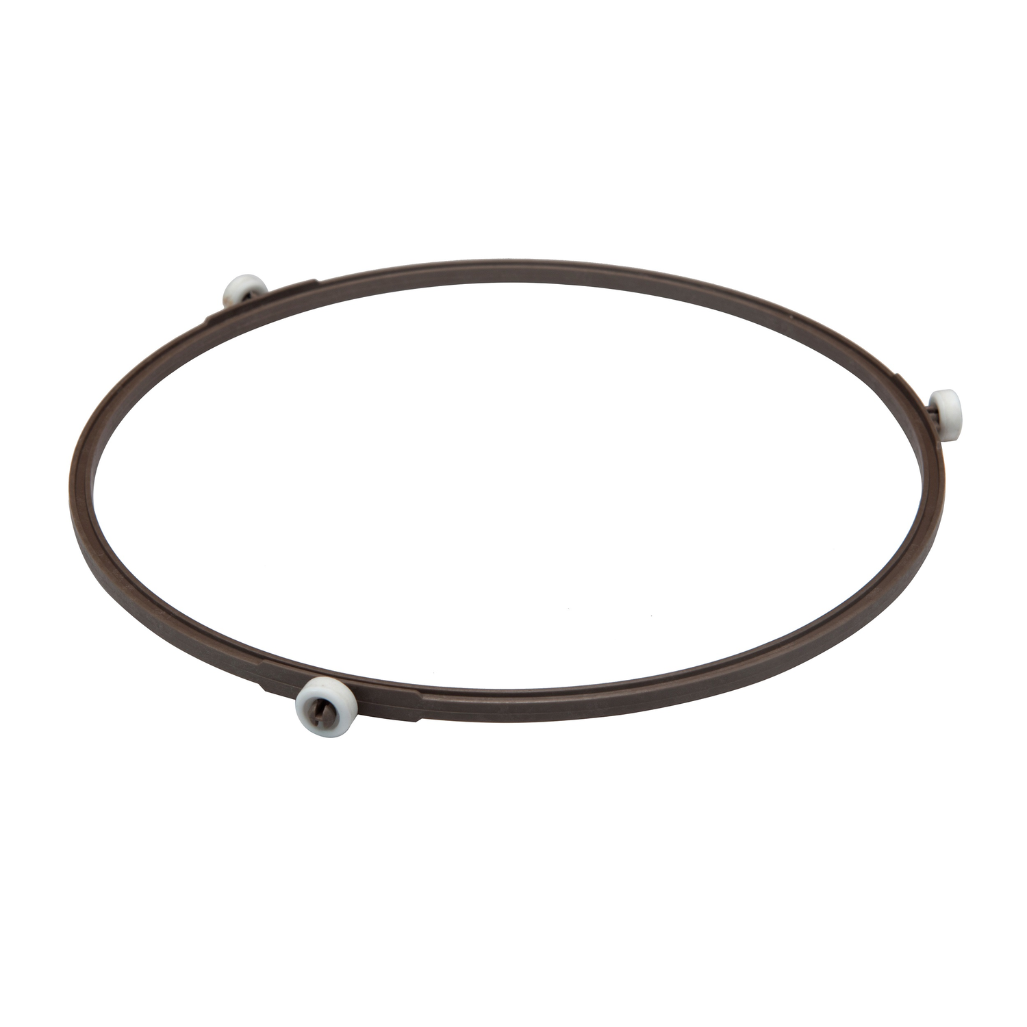 Brown microwave oven rotating ring. The ring has three small white wheels on it.